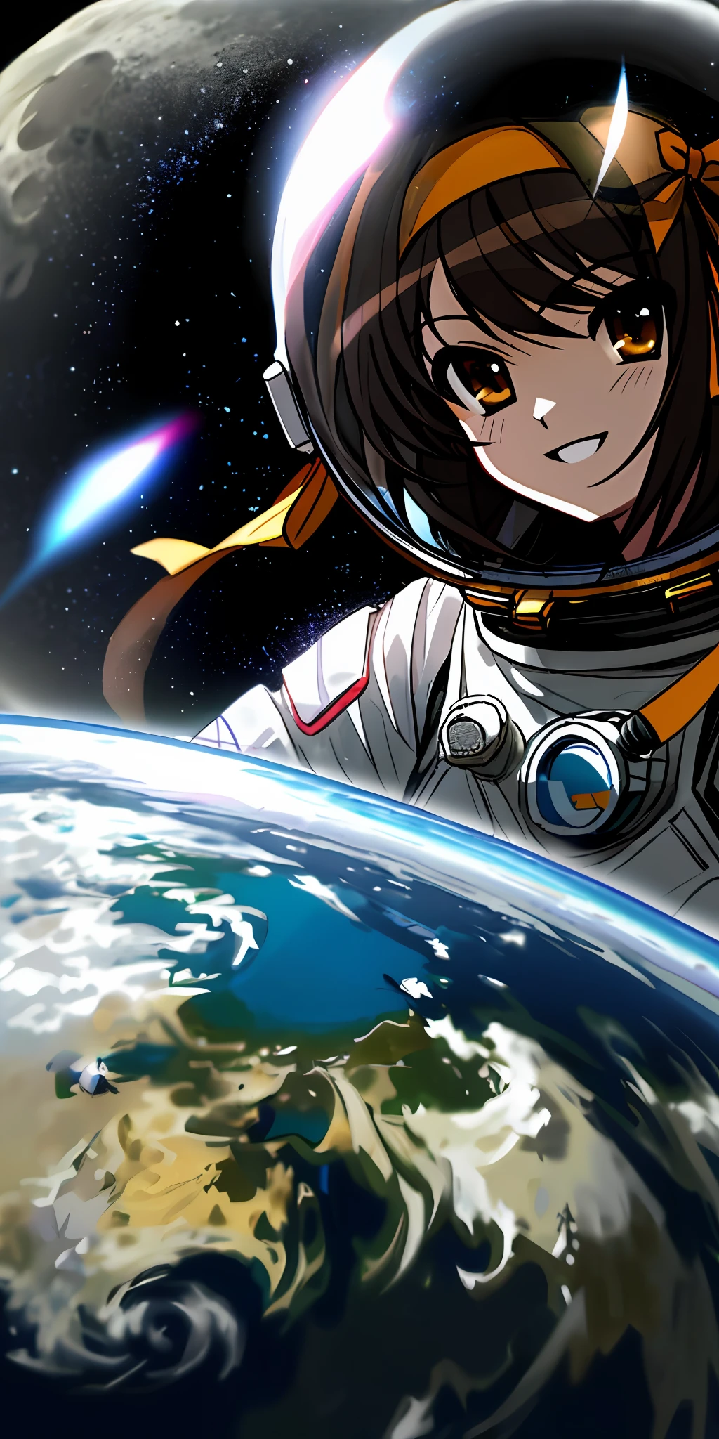 Extreme high quality detailed close-up picture of suzumiya haruhi, Looks happy and amazed, focuses on her upper body. She is in an astronaut helmet and astronaut suit. standing on the moon. the earth is a high quality and detailed reflection on her helmet
