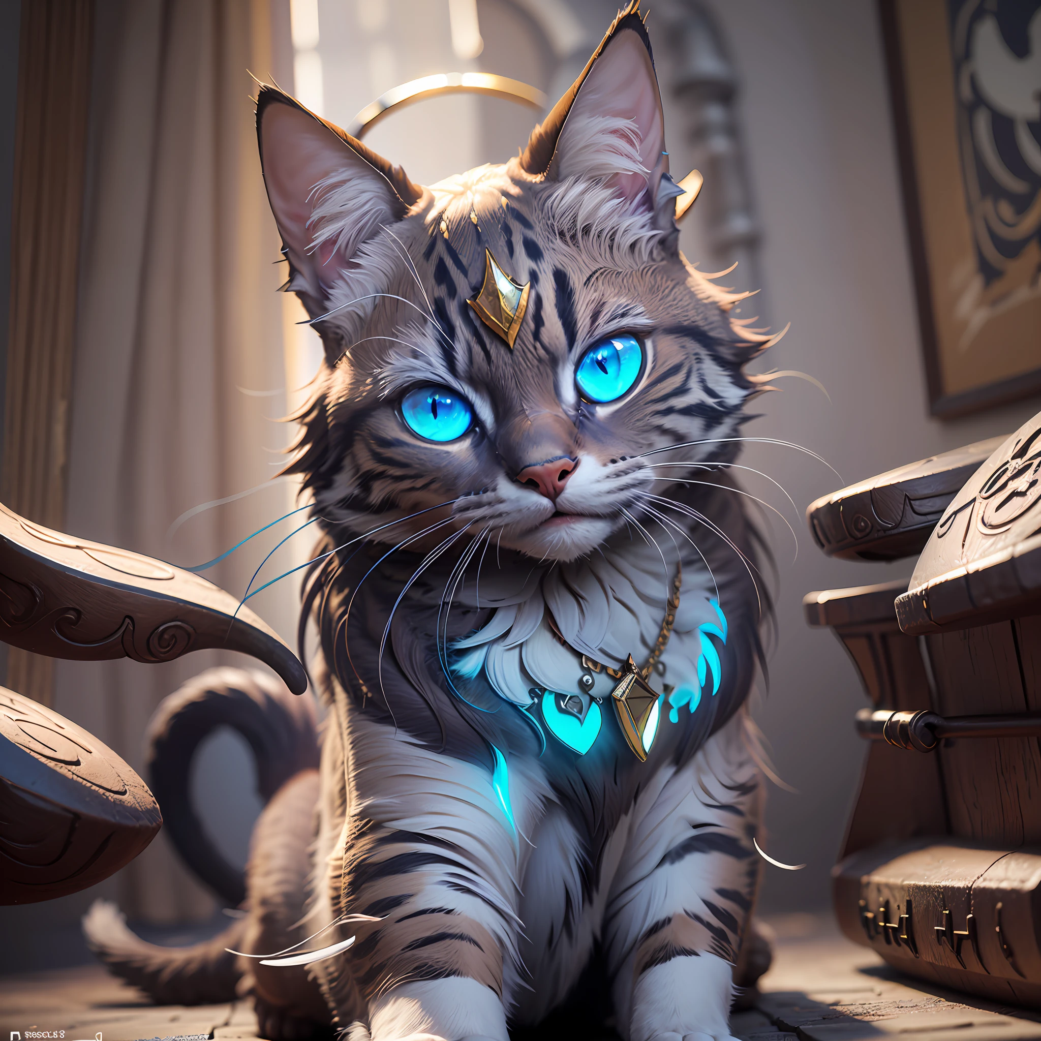 ((Best quality)), ((masterpiece)), (detailed: 1.4), 3D, a digital painting of a cat with blue eyes, unreal engine rendering + a goddess, very detailed, beeple global lighting, elaborate ornate jewelry, trends in cgisociety, motion graphics, global lighting rossdraws, cgsociety