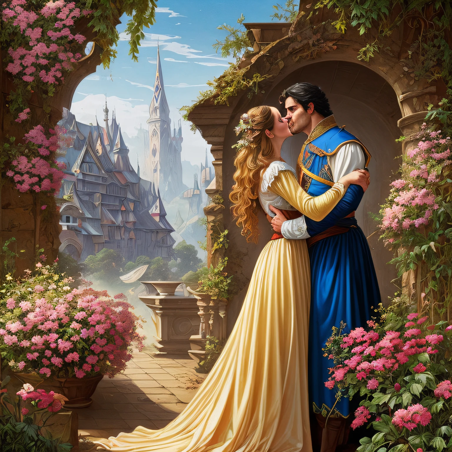 The man Neels Visser prince who has golden blonde hair, wearing a medieval prince outfit and the woman Lily Collins, with curly black hair wearing a red plebeian dress, kissing, the illustration is detailed, soft and bright, scenery full of flowers, art by Greg Hildebrandt, Citemer Liu, Stjepan Sejic, Samyang, Aykut Aydogdu, Justin Gerard, Alphonse Mucha,  Artgerm, WLOP and Greg Rutkowski --auto