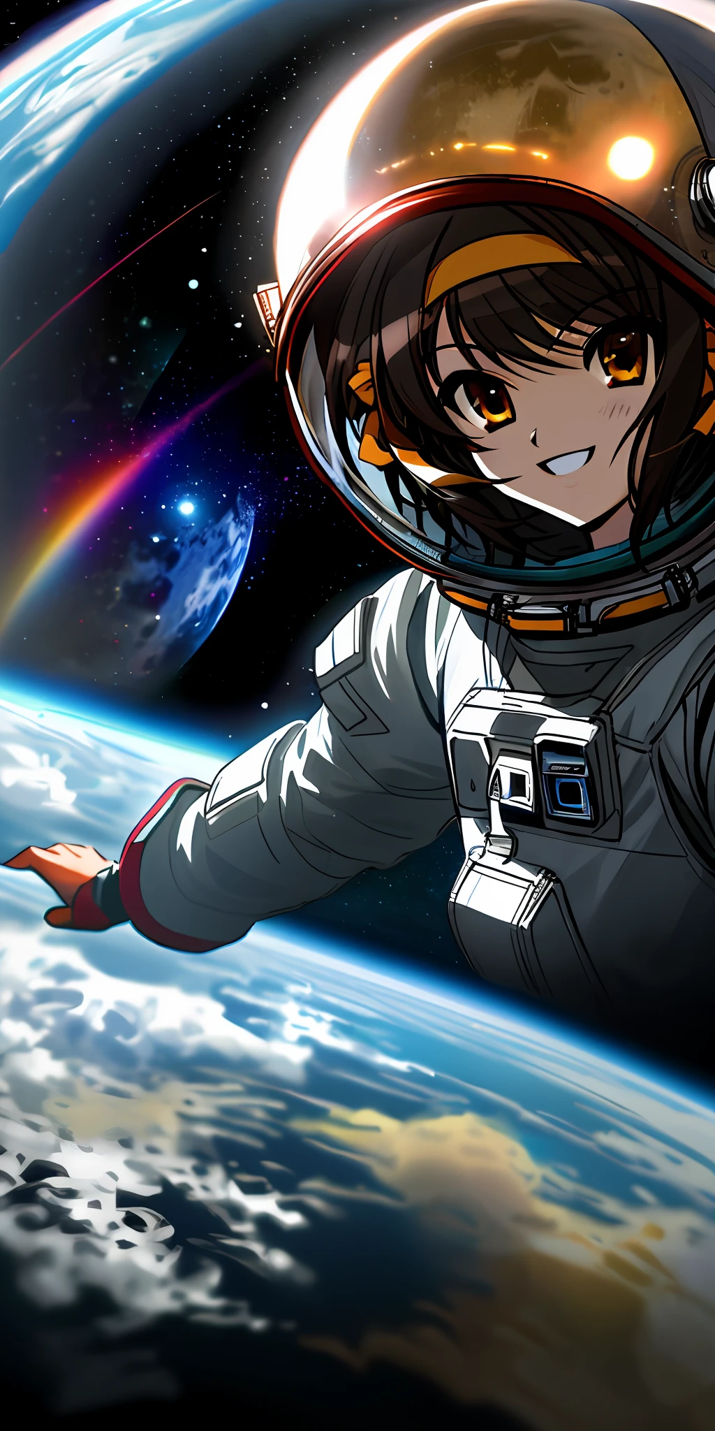 Extreme high quality detailed close-up picture of suzumiya haruhi, Looks happy and amazed, focuses on her upper body. She is in an astronaut helmet and astronaut suit. standing on the moon. the earth is a high quality and detailed reflection on her helmet