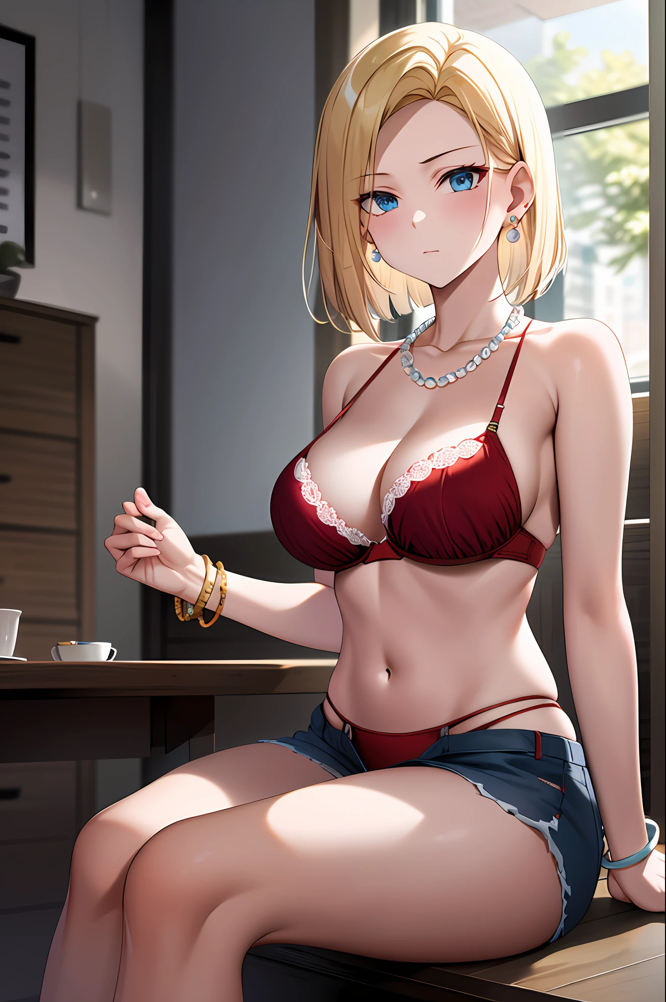 Best quality, hi-res, and18, girl 1, android 18, solo, blonde hair, blue eyes, pearl necklace, bracelet, short hair, red bikini, red bra, earrings, big, (ruined: 1.3), (ripped clothes: 1.5), sitting, expressionless, hu sitting, sensual gravure idol, M-shaped legs spread