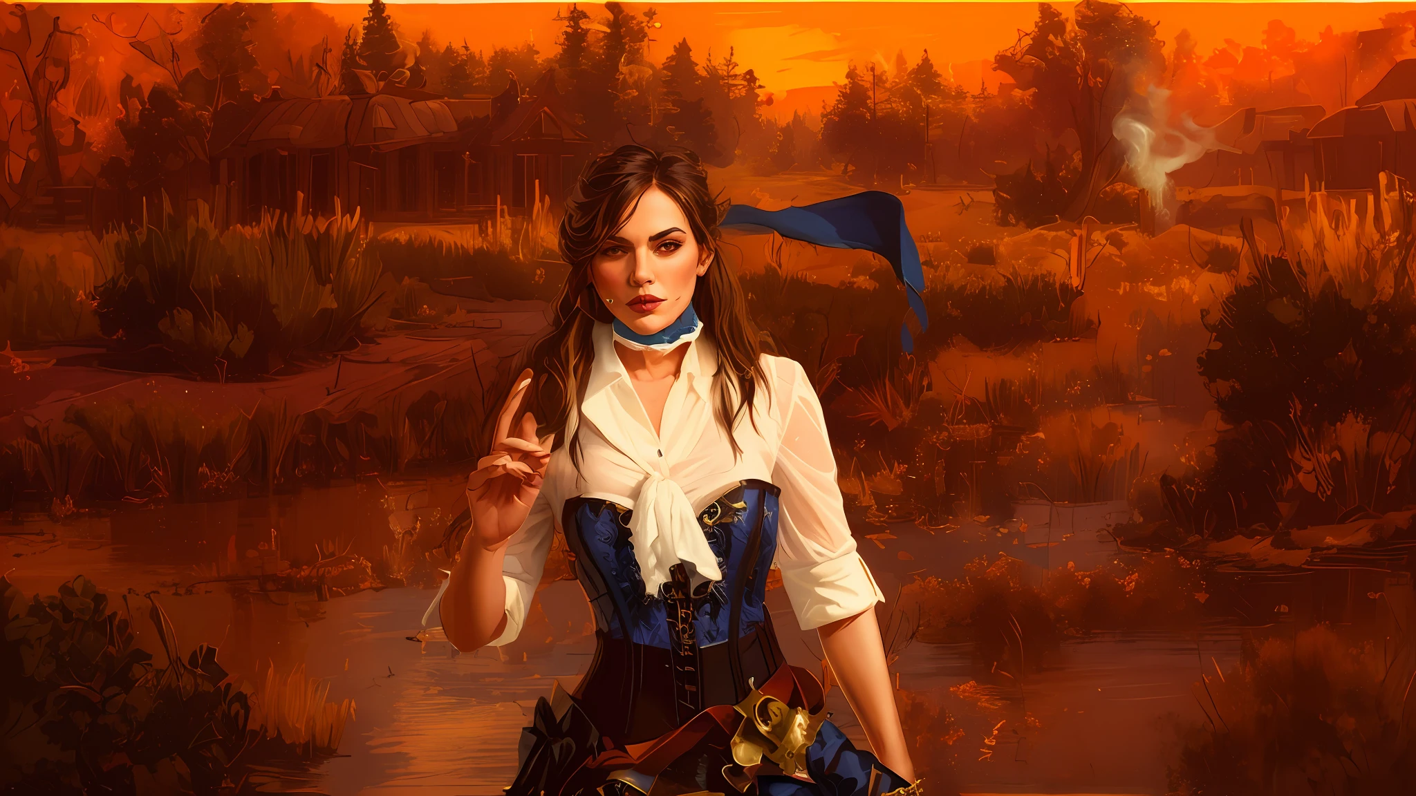 R3DD34Dstyle, digital portrait, woman smoking a cigarette, blue corset, white shirt, Black scarf, patronage, red background