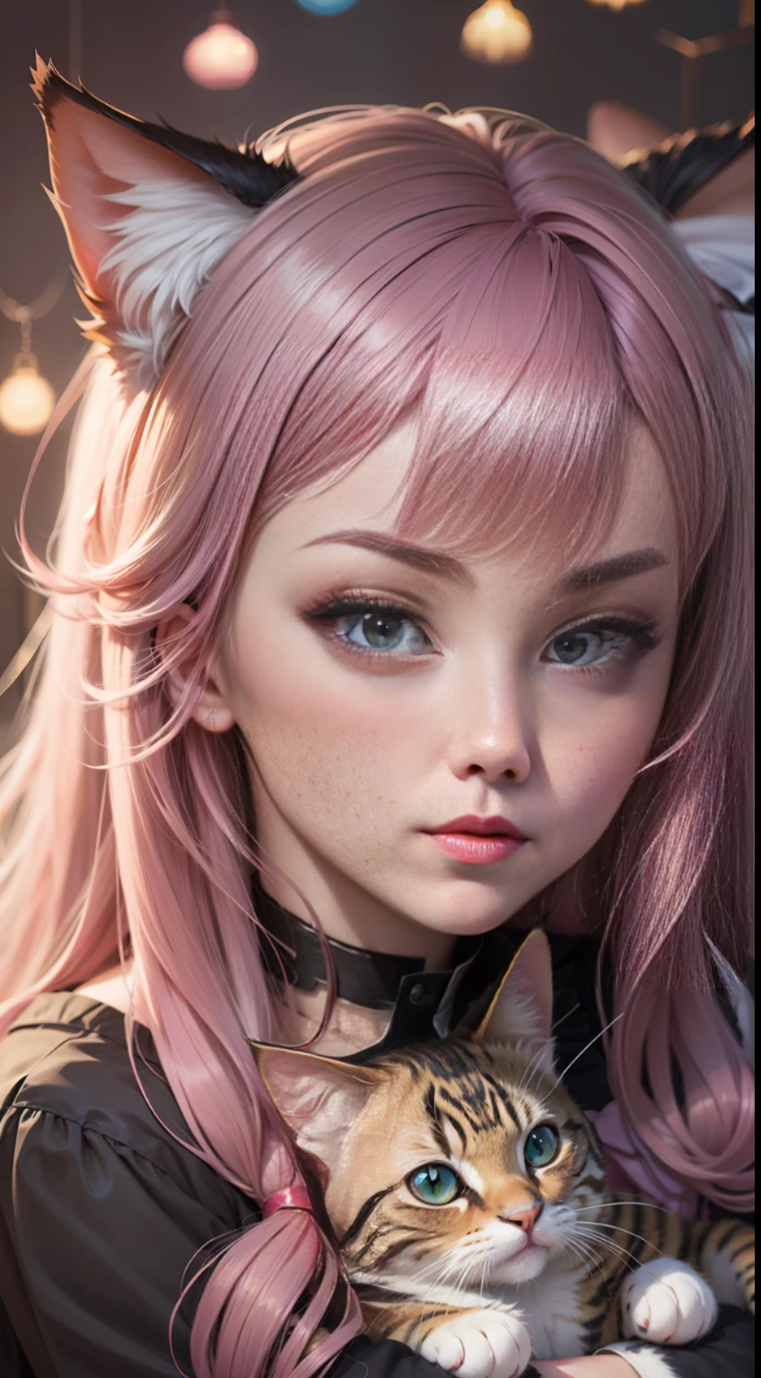 There is a woman with pink hair and cat ears, very beautiful cute catgirl, attractive cat girl, real life anime girl, Hyper realistic anime, beautiful anime catgirl, anime catgirl, beautiful young catgirl, Very Beautiful Anime Cat Girl, a hyperrealistic schoolgirl, Seductive Anime Girl, cute anime catgirl, Anime girl with cat ears