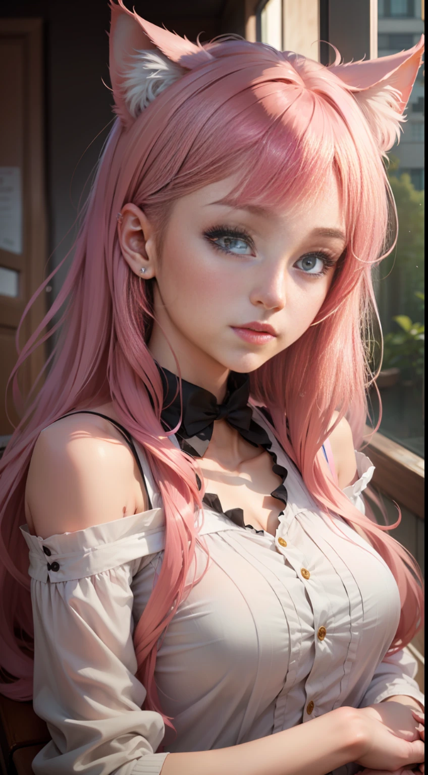 There is a woman with pink hair and cat ears, very beautiful cute catgirl, attractive cat girl, real life anime girl, Hyper realistic anime, beautiful anime catgirl, anime catgirl, beautiful young catgirl, Very Beautiful Anime Cat Girl, a hyperrealistic schoolgirl, Seductive Anime Girl, cute anime catgirl, Anime girl with cat ears