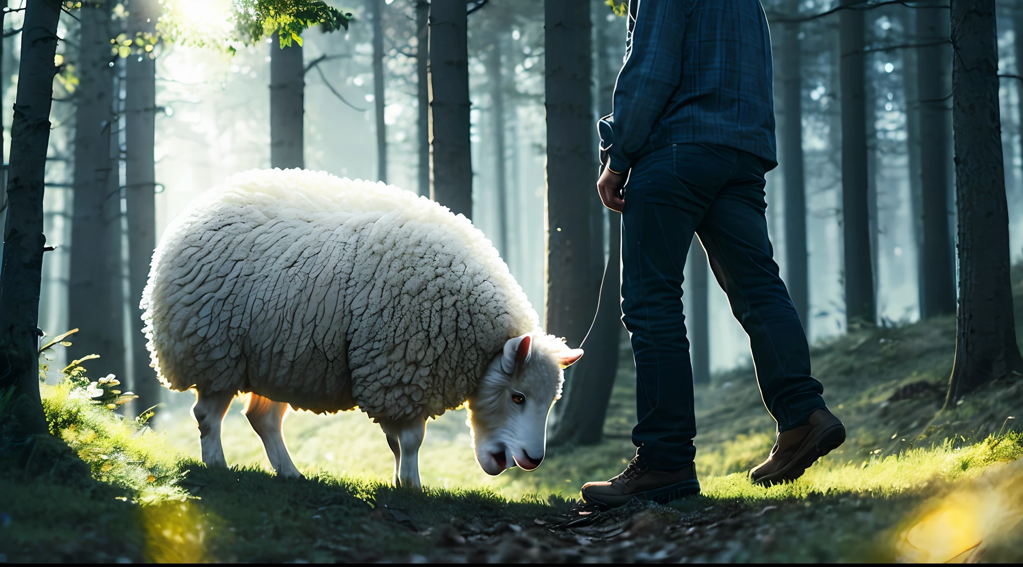 Close-up shot of a peasant man tending to the fluffy sheep jumping happily in the forest, soft volumetric lights (backlight: 1.3), (Cinematics: 1.2), intricate detail (station art: 1.3), Rutkowski