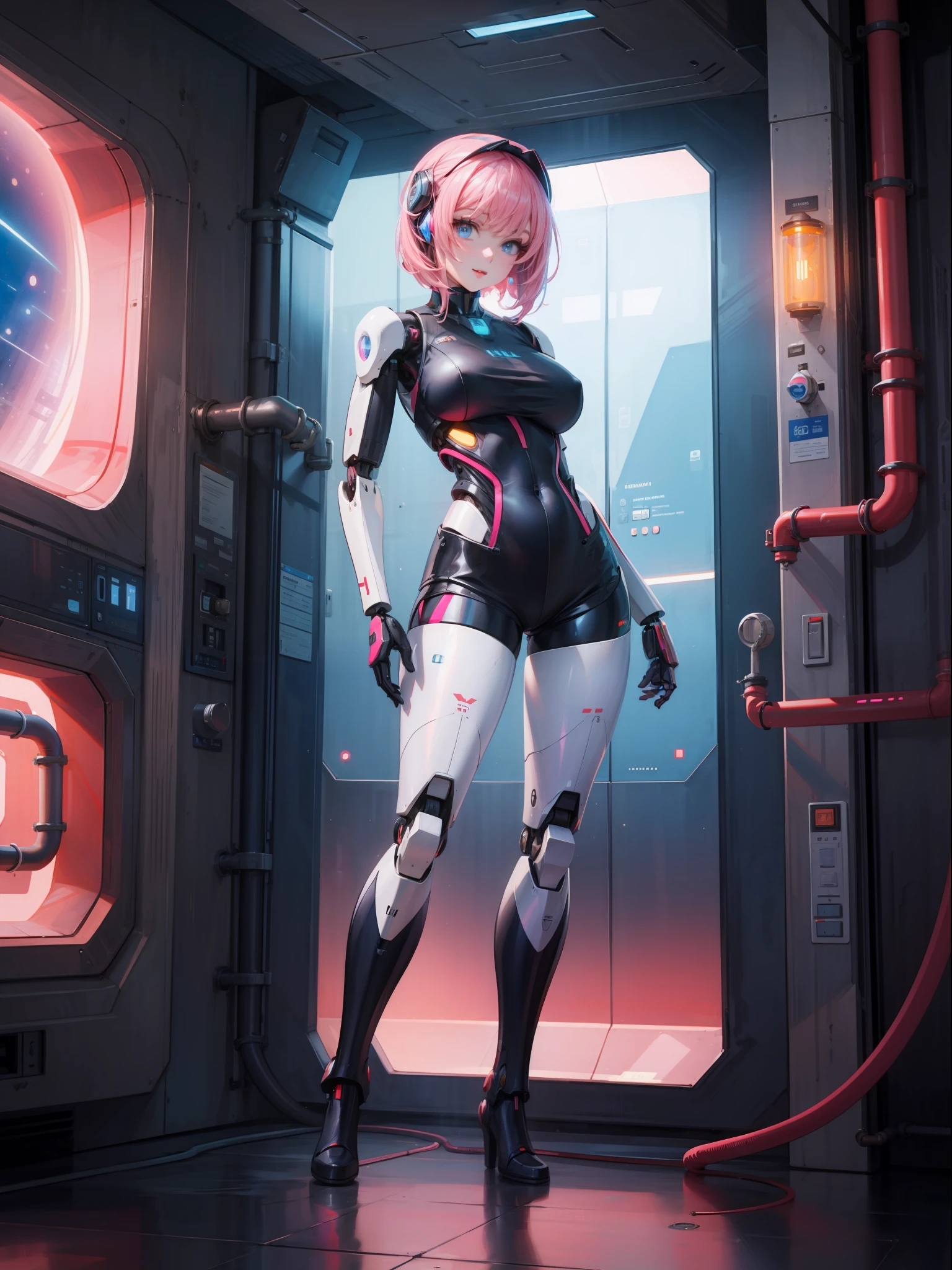 ((full body, standing):1.5), {((1 woman))}, {((with bionic body parts, wearing extremely tight black sleeveless shirt, short gin shorts)), ((very large breasts )), ((very short, straight pink hair, blue eyes)), staring at the viewer, smiling, ((striking an erotic pose)), ((in a futuristic spaceship, in front of an elevator, window showing the outer space, futuristic machines, humanoid robots, pipes with lights))}, 16k, best quality, best resolution, best sharpness, ultra detailed