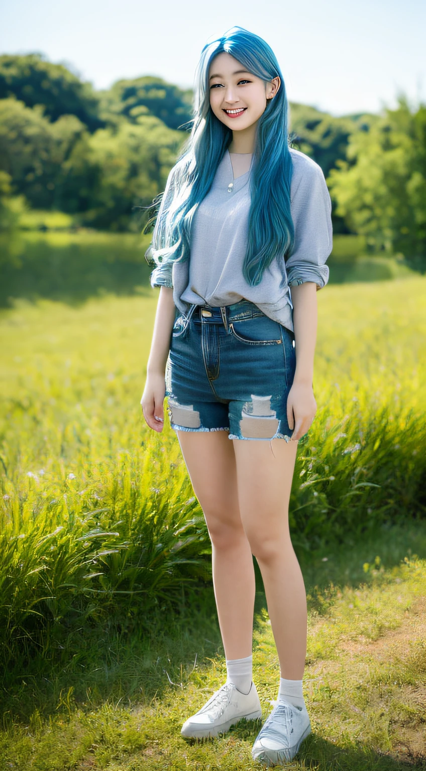 blue hair, girl, full body, smile, cute, pure, double eyelids, slim body, super clear skin, rural background