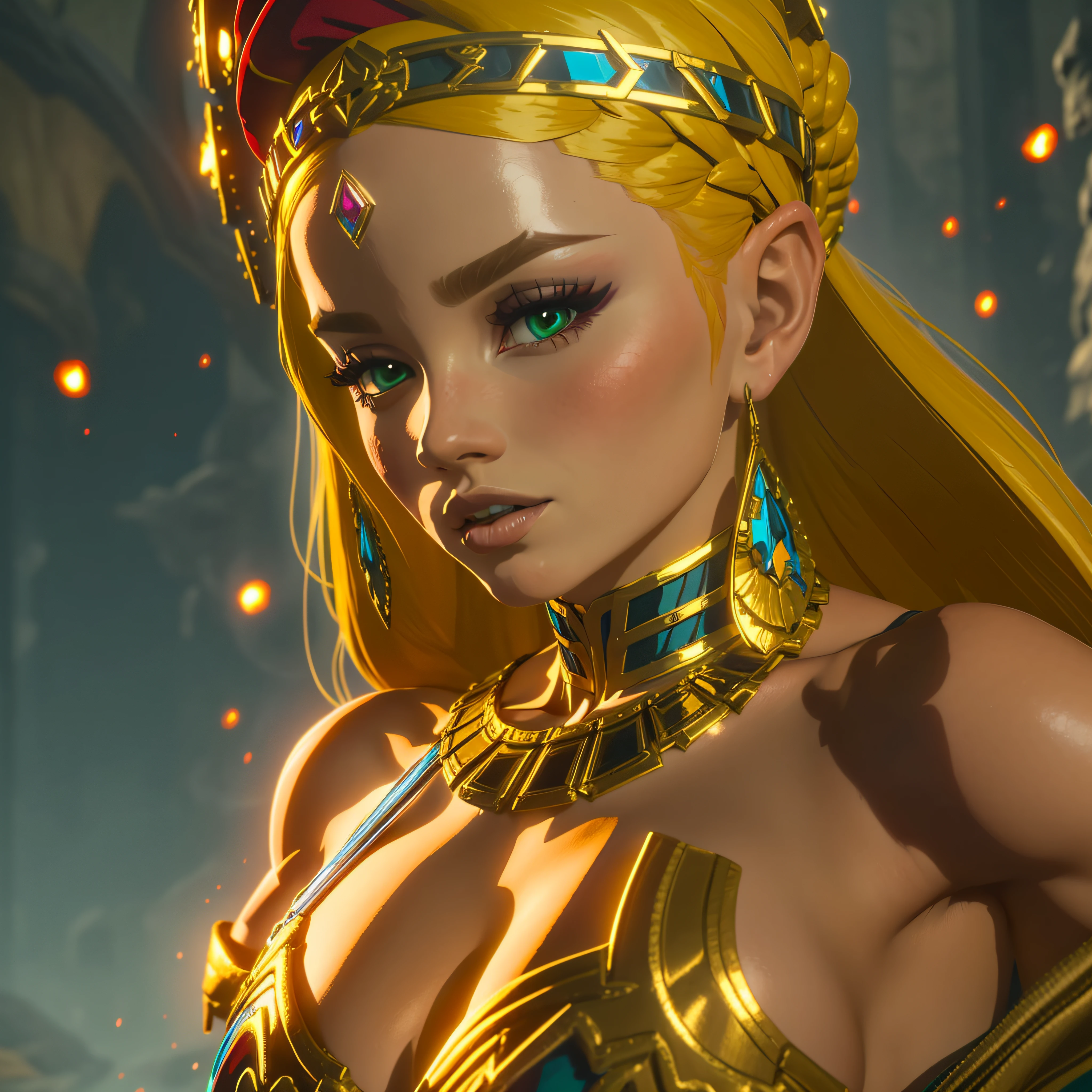Muscular woman with blonde hair with braids, (medieval punk green neckline armor). Bright chrome gold lingerie with sharp reflections. Gems. Bare shoulders. Ornate red hat. Detailed lighting. Artwork. Extreme beauty. Clothing with intense colored gradient ...
Victor Spectrum