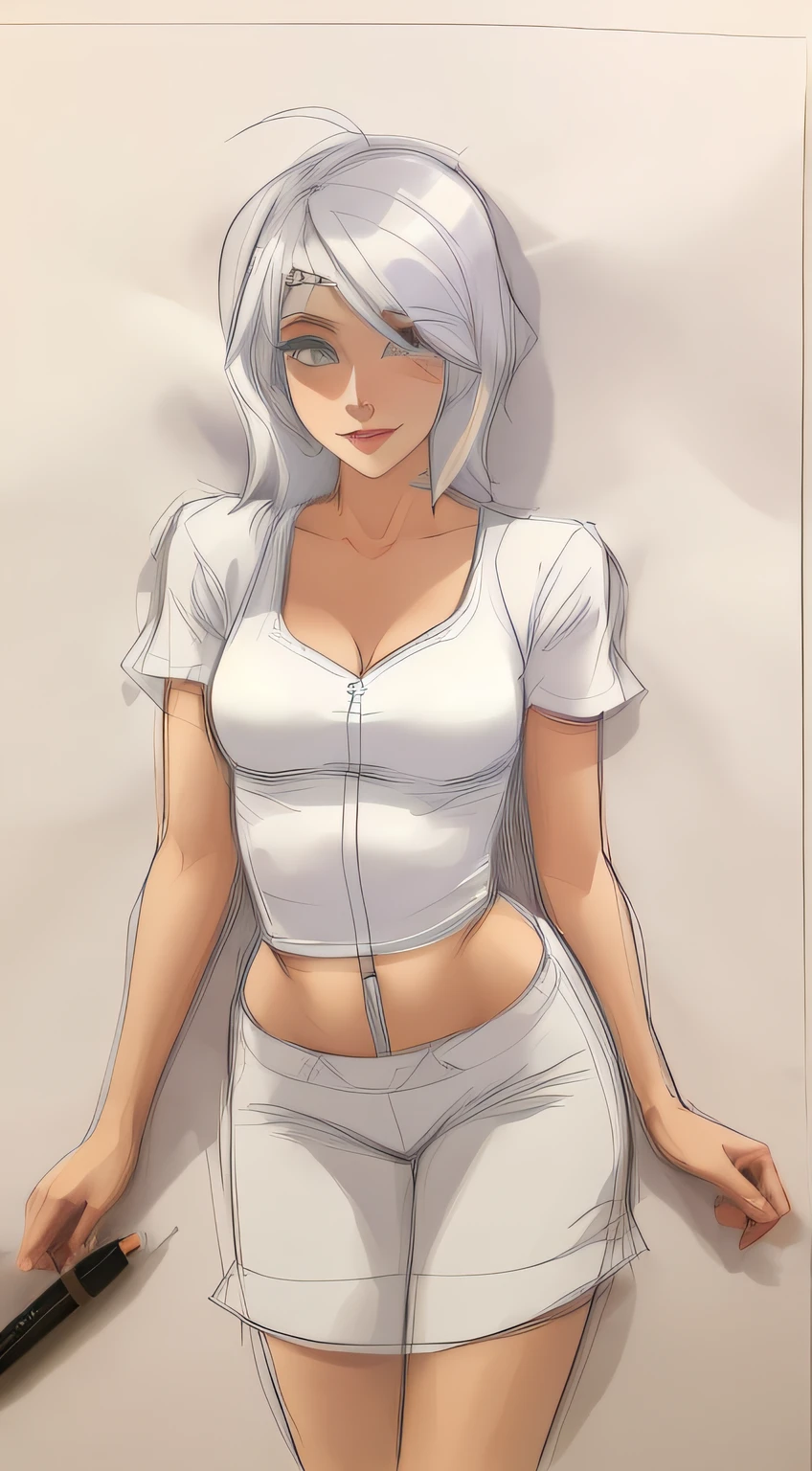 desenho de uma mulher em uma saia curta falando em um celular, arte linear simples, sketchy artstyle, Contornos de anime limpos, Pose casual, arte de linha simples, Retrato do meio do corpo, figura da menina, usando uma camisola, Descrito, girl sketch, arte de linha fina, Descrito!!!, arte linear, usando uma blusa, linearidade espessa, outline sketch ,  beautiful, detailed ,high resolution , super detailed show face, (((style cartoon ))) , detalhado , (((cabelo longo tampando o olho esquerdo)))