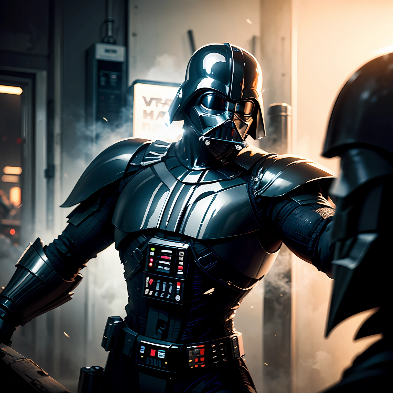 "(best quality), highly detailed, cinematic poster style, depict a face-off between "Darth Vader" AND "Robocop" characters, dramatic lighting highlights the intense atmosphere, portraying an epic moment with gesturing hand action and dark, ominous color tones." --auto