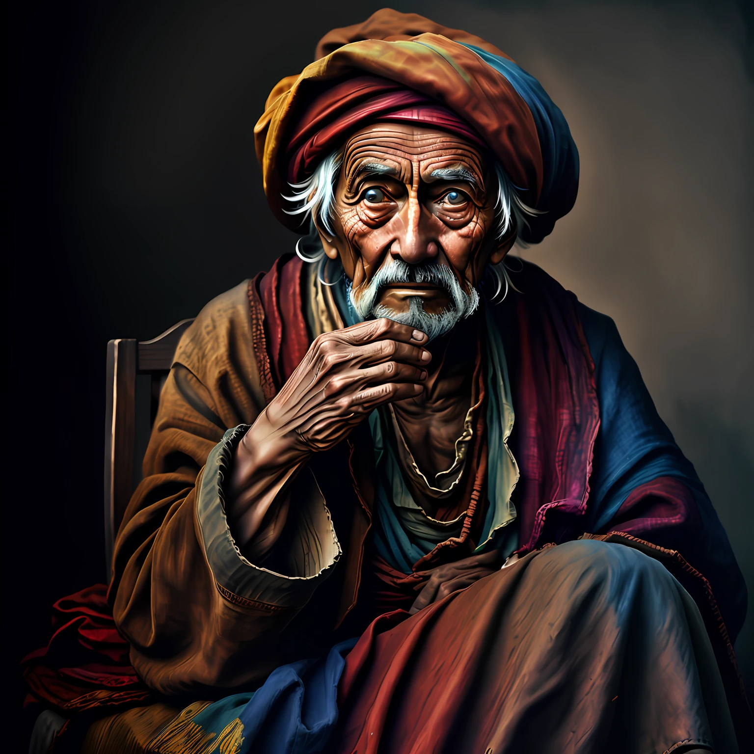 An old beggar, colorful,
yang08k, photography, beautiful,  black background,
masterpieces, top quality, best quality, official art, beautiful and aesthetic,  realistic,