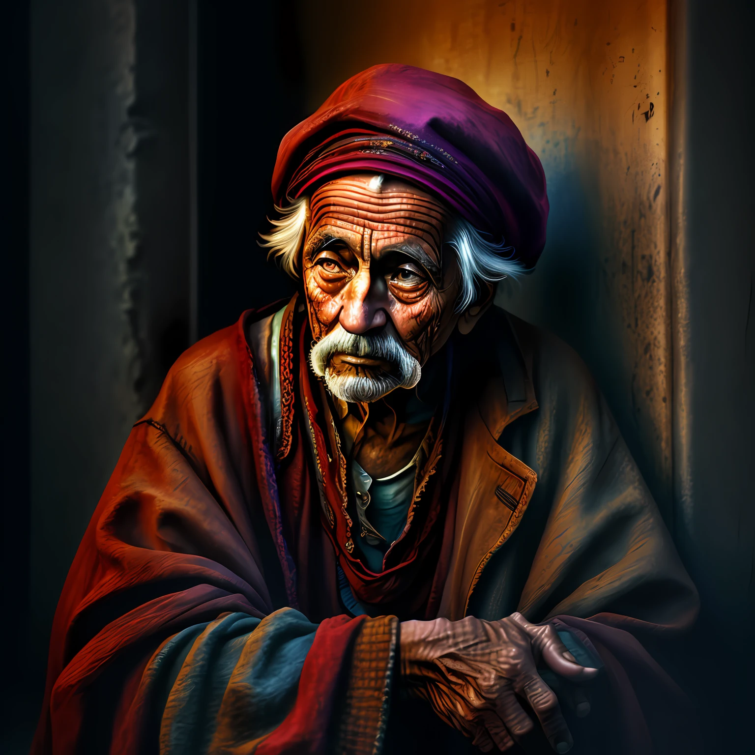 An old beggar, colorful,
yang08k, photography, beautiful,  black background,
masterpieces, top quality, best quality, official art, beautiful and aesthetic,  realistic,