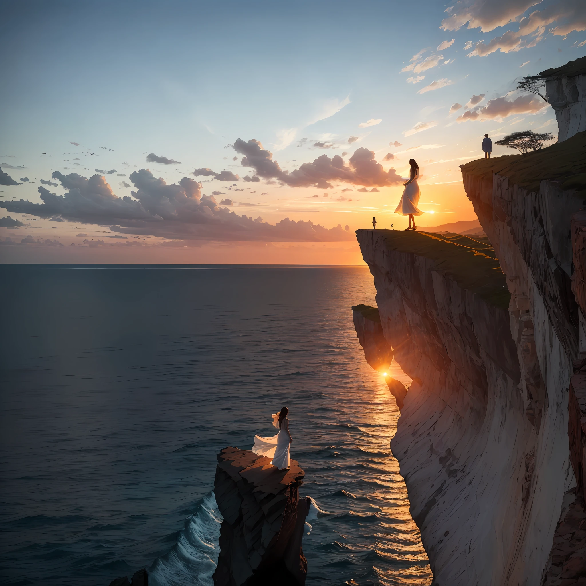 At sunset, a woman wearing a long white dress stands on the edge of the cliff facing the sea --auto