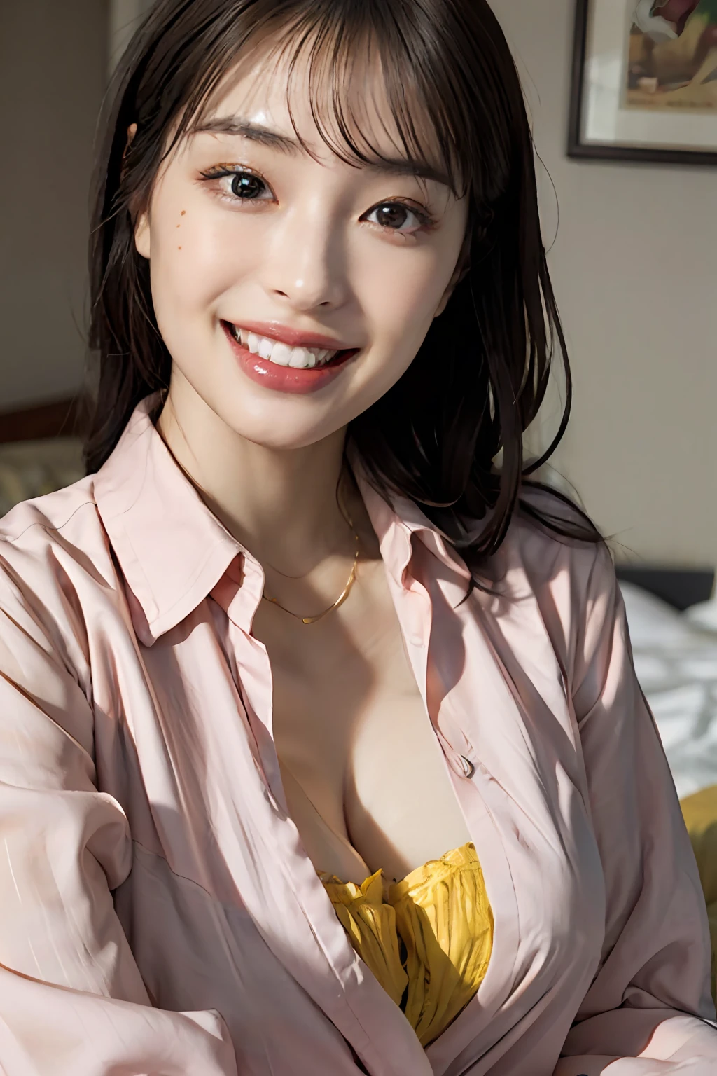 ​masterpiece、top-quality、realisitic、(A hyper-realistic), (illustratio), (hight resolution), (8K), (ighly detailed), (The best illustrations), (beatiful detailed eyes), (top-quality), (ultra-detailliert), (​masterpiece), (wall-paper), (详细的脸), a bed、Upper body close-up,Armpit, A smile,Plump,独奏,（Wearing a pink silk plunged open shirt:1.5）, japanes, large full breasts, (camel's toe)、huge-breasted、Luxury living room、Detailed white teeth、ultimate beauty girl、No bra、Wrap a yellow ribbon around your neck、Perfect beautiful teeth、Brown hair、girl with、(beautiful detailed teeth)、Navel、