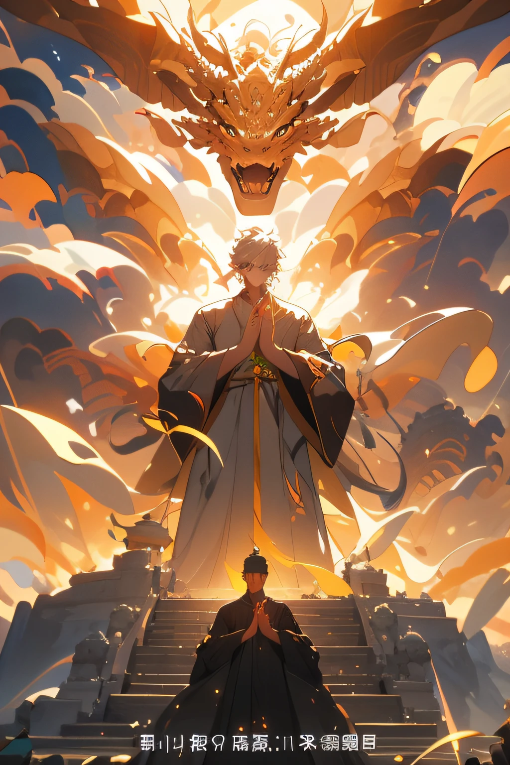At the center of the illustration,There is a huge dragon,Its body is curved,The dragon scales shimmered with gold and green light。Its eyes are shining,It reveals a majesty and power。
In front of the dragon,Standing a devout monk。He wore an ordinary cassock,The face is calm,had his hands folded,It seems to be silently chanting scripture。His eyes were firm,Showing perseverance and courage in faith。
The surroundings are depicted as a tranquil valley,The clouds are thick,The mountains in the distance stand tall。Sunlight shines on the ground through the clouds,It creates a sacred and solemn atmosphere