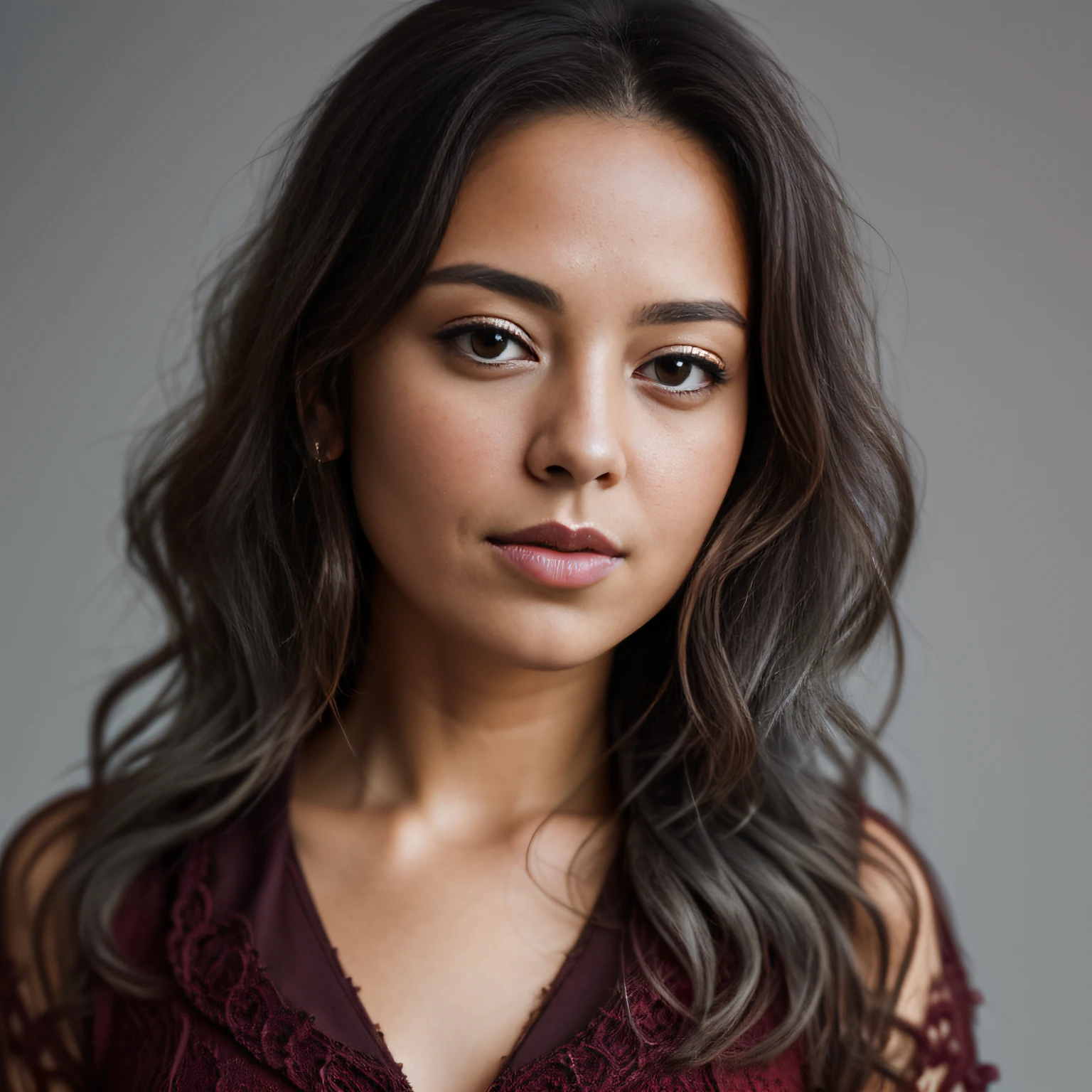 (masterpiece, best quality, beautiful RAW portrait photography:1.4), 25yo brown-haired woman, (looking into camera, straight face view:1.4), (closed lips:1.6), stunning beautiful face, insanely pretty, (natural detailed skin:1.1), (long wavy hair:1.4), [:(detailed face:1.2):0.2], collarbone, (dark red clothing:1.5), bare shoulders, slender, small breasts, (gray infinity background:1.3), (flat background:1.5), (sharp focus:1.6), (deep depth of field:1.4), soft lighting, 85mm f8, highly detailed, hyper realistic, natural, 8k