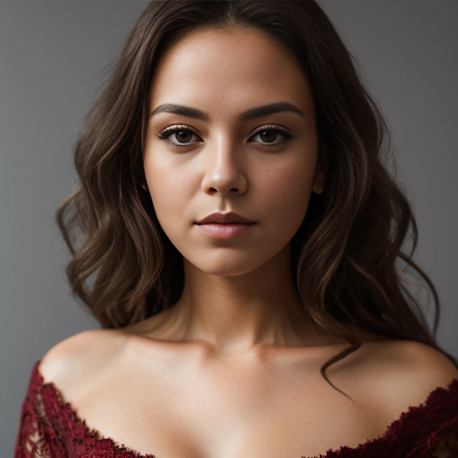 (masterpiece, best quality, beautiful RAW portrait photography:1.4), 25yo brown-haired woman, (looking into camera, straight face view:1.4), (closed lips:1.6), stunning beautiful face, insanely pretty, (natural detailed skin:1.1), (long wavy hair:1.4), [:(detailed face:1.2):0.2], collarbone, (dark red clothing:1.5), bare shoulders, slender, small breasts, (gray infinity background:1.3), (flat background:1.5), (sharp focus:1.6), (deep depth of field:1.4), soft lighting, 85mm f8, highly detailed, hyper realistic, natural, 8k