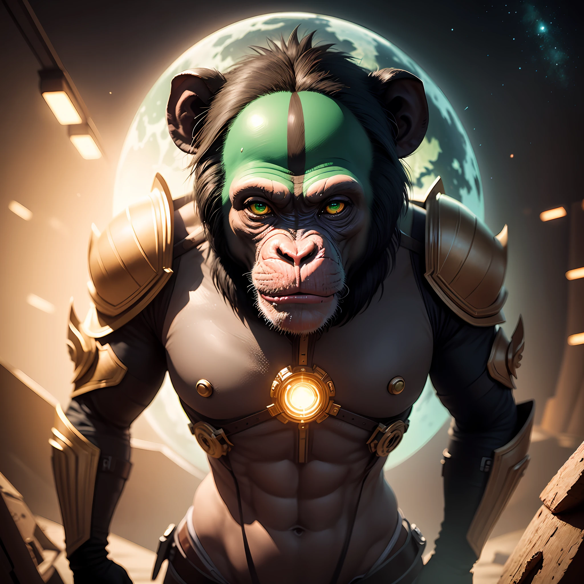 [Linda frase para inspirar a IA: "Um chinpanze de armadura eem marte!", fantasy and science fiction style] 
Stage 1: masterpiece, amazing quality, Epic illustration in ultra-high resolution (8K); 
Stage 2: Em um planeta distante, visualmente impactante, difuso e misterioso, where life developed in a unique way, There is a chimpanzee (1chimpanzee); 
Stage 3: He is dressed in an armor of advanced technology and with a heroic attitude, but it's also curious and friendly, whose appearance is complemented with green and intelligent eyes;(green eyes:1.3); 
Stage 4: O planeta vermelho visto ao fundo, with panoramic view; 
Stage 5: The image is illuminated by a soft sepia-toned light, evoking a nostalgic sense of a parallel world. --auto
