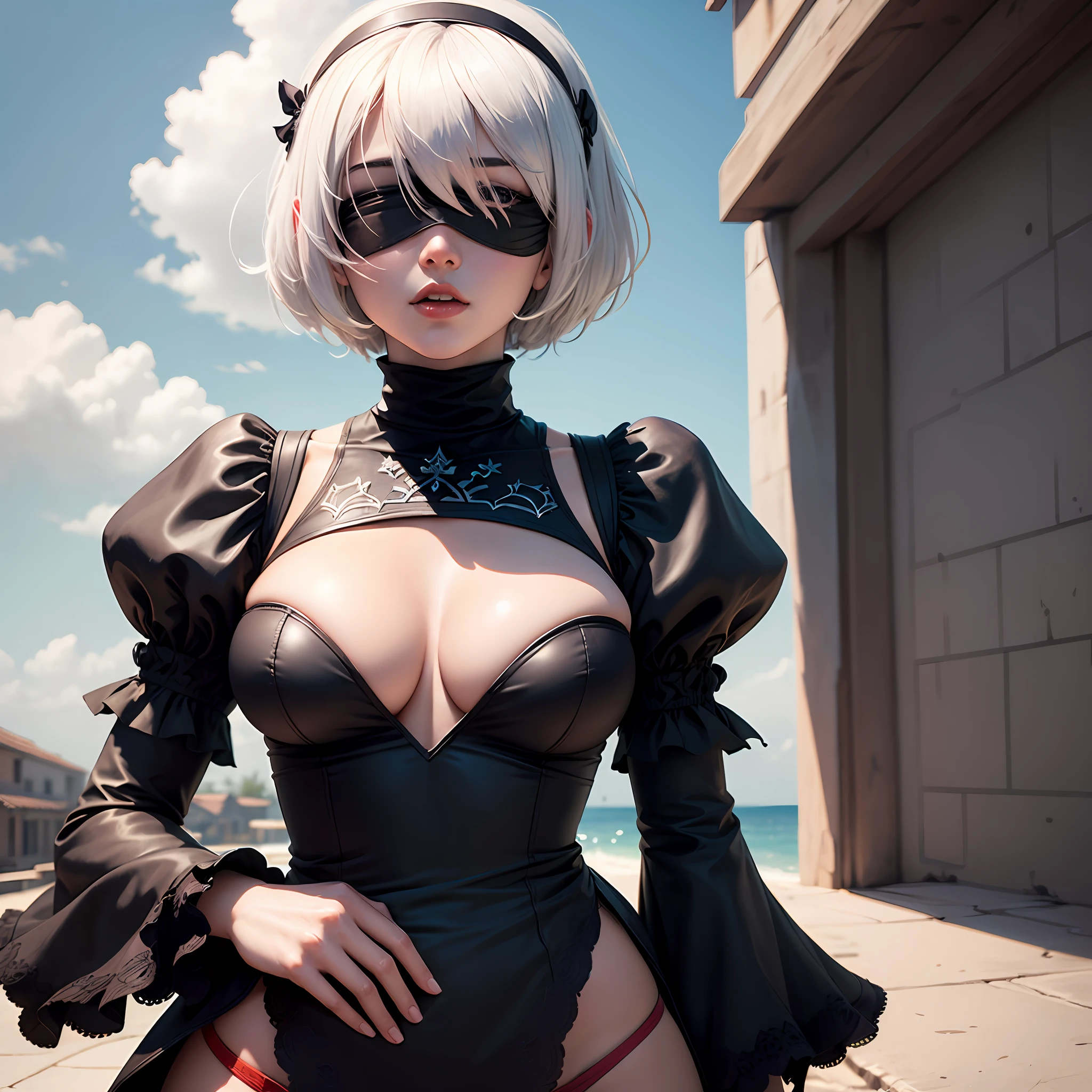 yorha no. 2 type b, 1girl, wlop, (blindfold), breasts, cleavage, cleavage cutout, clothing cutout, green background, hair between eyes, hairband, highres, juliet sleeves, long sleeves, nier (series), nier automata, puffy sleeves, red lips, shaded face, short hair, solo, turtleneck, upper body, white hair, sky --auto