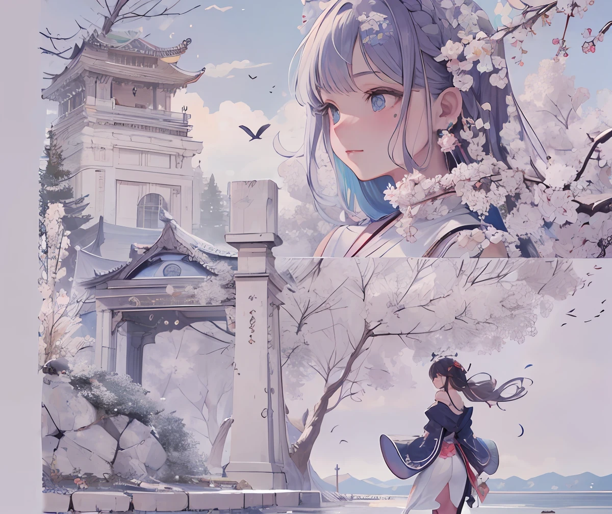 Garota anime com cabelo longo e um vestido branco na frente de um pagode, Arte no estilo de Guweiz, a beautiful artwork illustration, Trend in CGTacing:, bela arte digital, bela arte de anime, anime fantasy illustration, anime de fantasia bonito, palace , Uma em Hanfu, Guweiz, Anime bonito, trending on artstation pixiv --auto