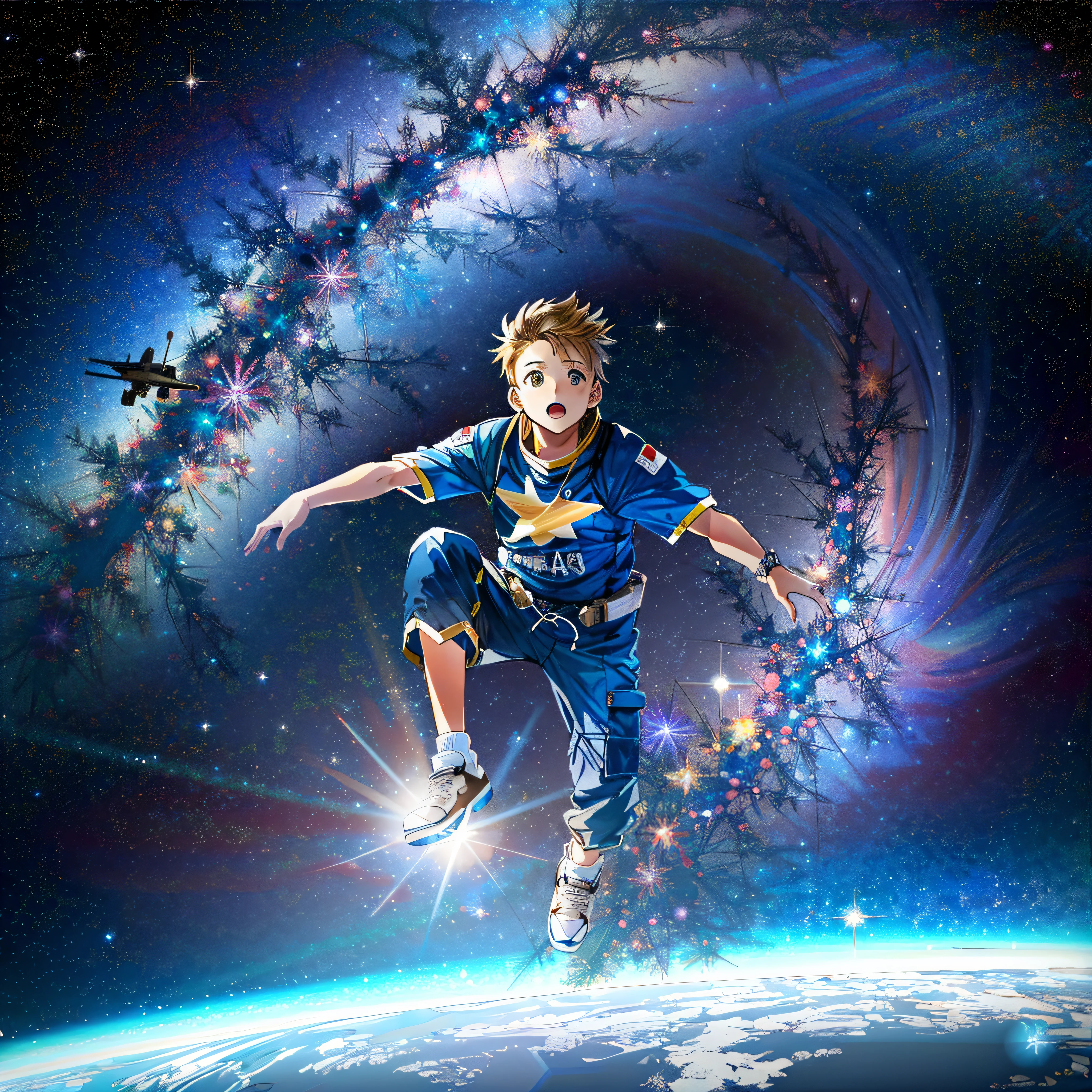 There is a frightened child who is flying through the air in a futuristic space suit, floating in the space, floating in outer space, de viagens espaciais, floating in the space, surreal space, floating in deep space, flying in space, floating through space, flutuando no universo, Flutuando na Nebulosa do Cosmos, Epic lost in space, in outer space, Fantasia De Alta Qualidade Foto Stock --auto