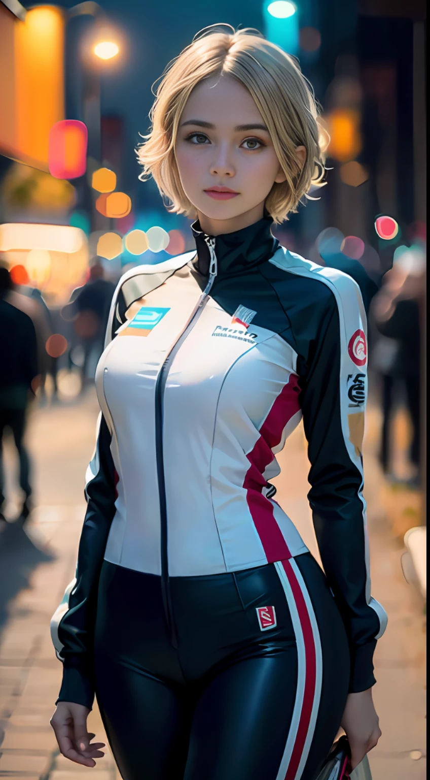 Racing suit, night street, (inspired by the Avengers), short blonde hair, one-piece gel pants, machine girl, safety rating, big ass, cintura final (8k, foto raw, fotorrealista: 1, 25), (muito brilho labial, very many eyelashes, melhor qualidade, ultra high-resolution, profundidade de campo, chromatic aberration, luz ampla, cor natural, distant image (1:2)