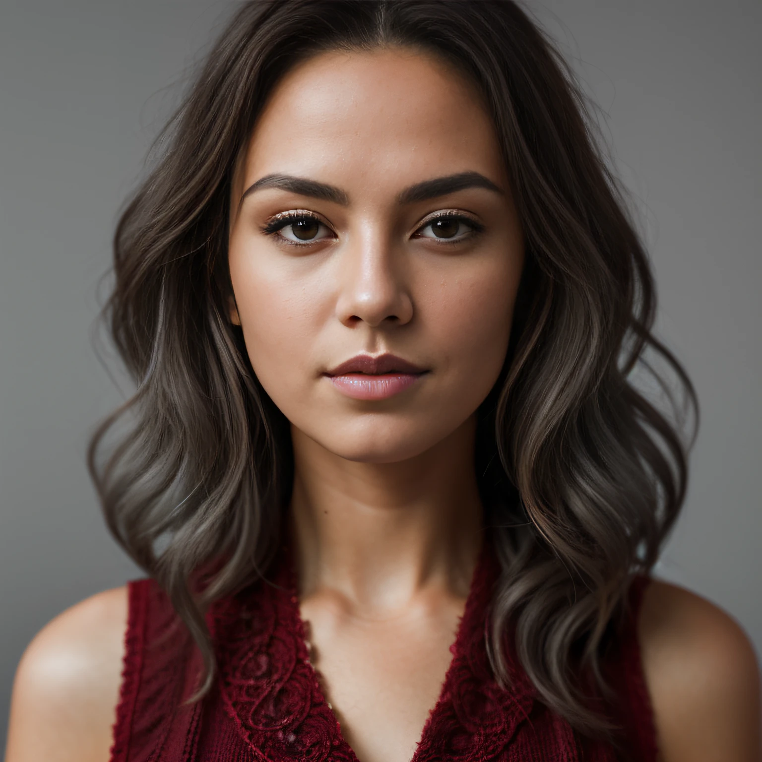 (masterpiece, best quality, beautiful RAW portrait photography:1.4), 25yo brown-haired woman, looking into camera, (closed lips:1.6), stunning beautiful face, insanely pretty, (natural detailed skin:1.1), (long wavy hair:1.4), [:(detailed face:1.2):0.2], collarbone, (dark red clothing:1.5), bare shoulders, slender, small breasts, (gray infinity background:1.3), (flat background:1.5), (sharp focus:1.6), (deep depth of field:1.4), soft lighting, 85mm f8, highly detailed, hyper realistic, natural, 8k