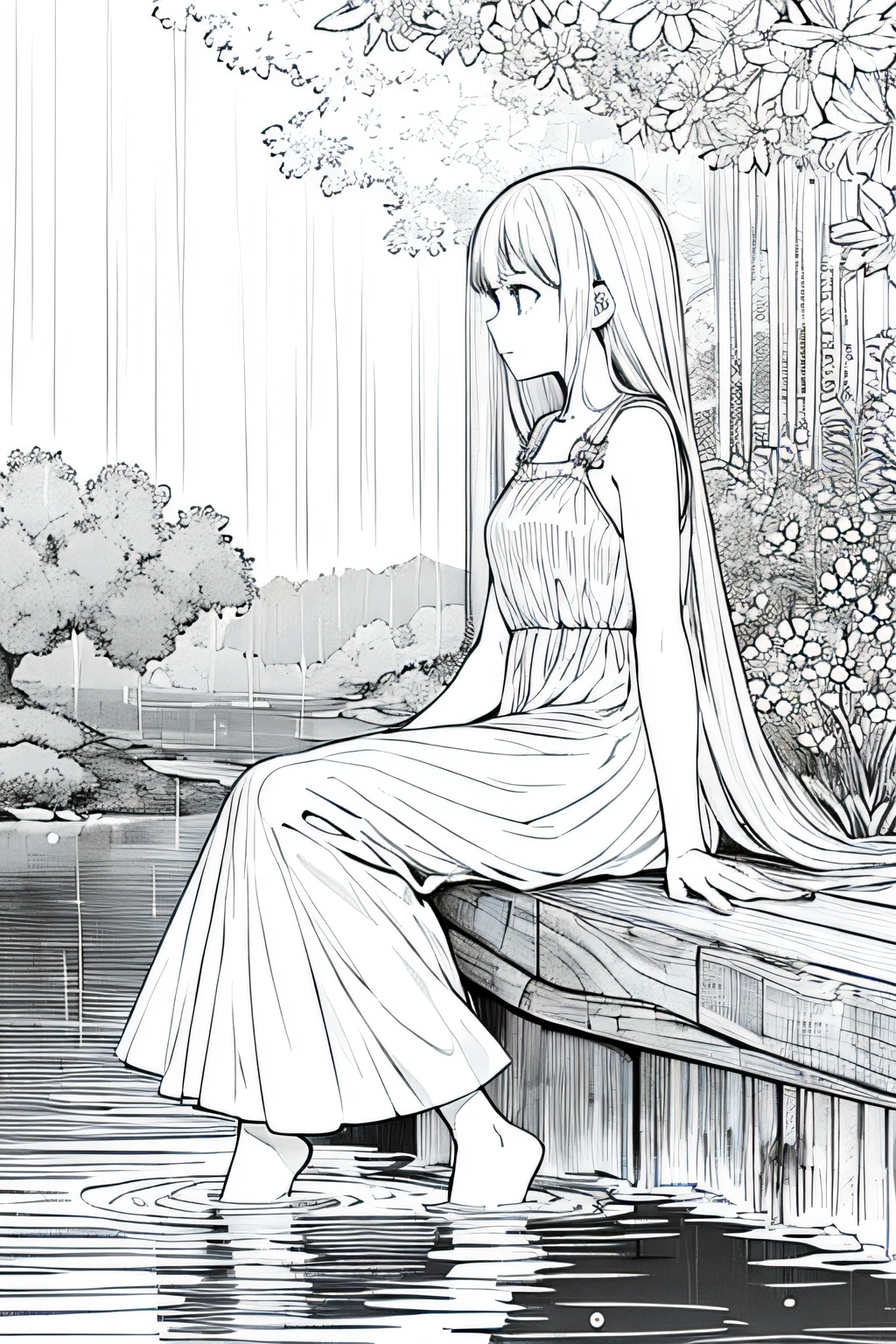 masterpiece, best quality, 1girl, solo, looking away, expressionless, from side, white dress, colorful, floral background, rain, lake, fog, barefoot, sitting on water, from top, lineart, monochrome,