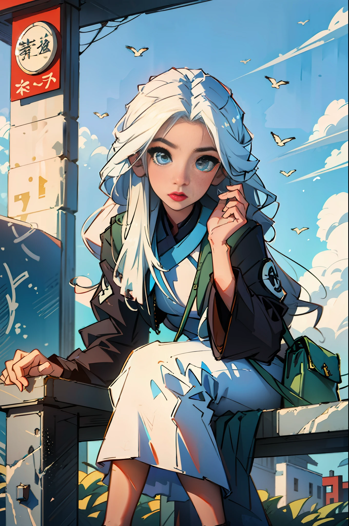 4k,realisticlying,Glamorous,The is very detailed,Modern age city,There is a girl in Dingcheng,long white hair,25 age old,full bodyesbian