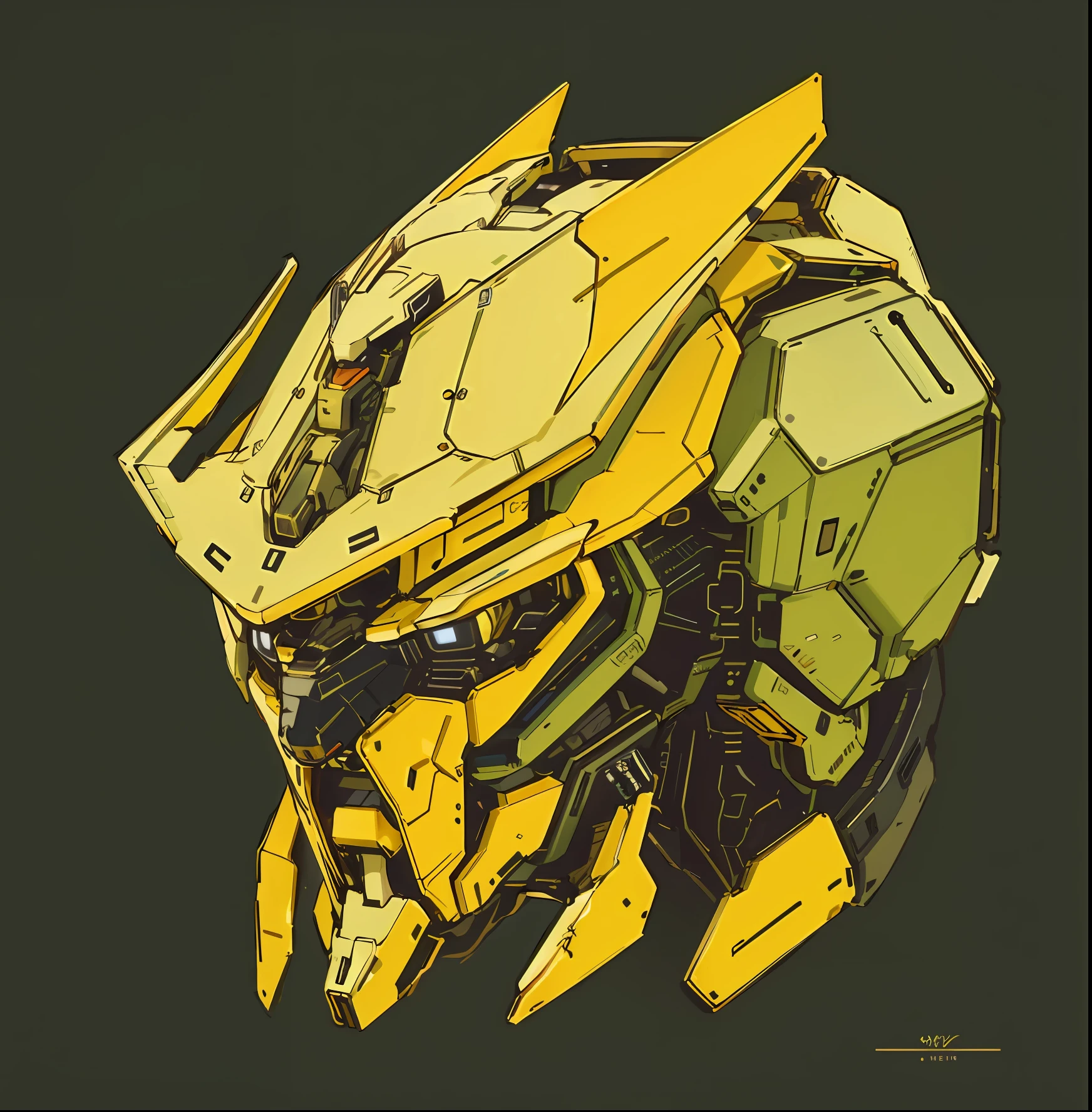 a close up of a yellow and black robot head, mecha inspired, high quality colored sketch, yellow mech, portrait of a mech, mecha art, # mecha, alexandre ferra mecha, anfas portrait of a mech warrior, cool mecha style, bio - mech face, gundam head, glass oled mecha visor, striking detailed artstyle