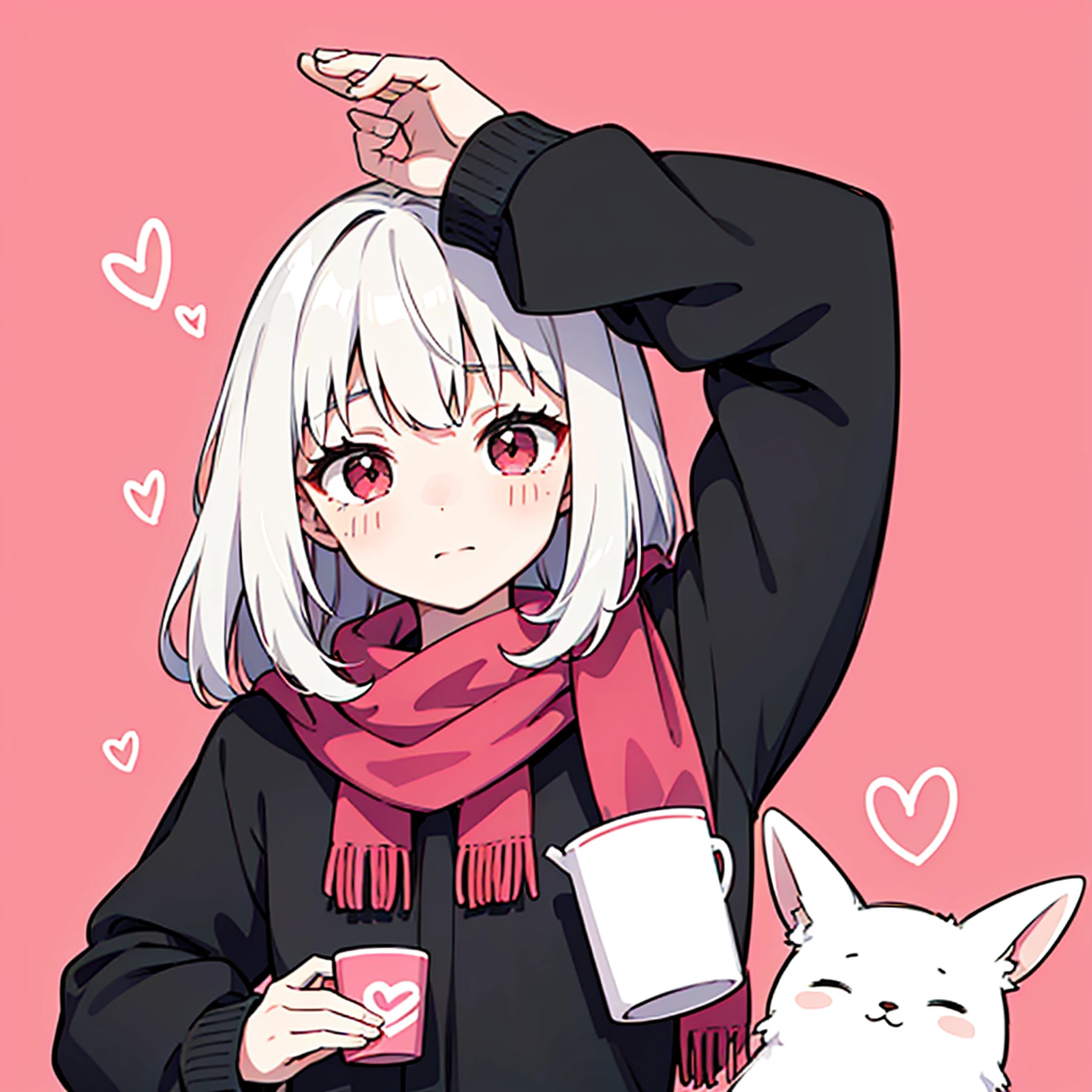 image of a young girl with long white hair and red eyes. She is wearing a pink scarf and holding a white cup with a red heart on it. The background is pink with a small white rabbit on the left side. The girl has a blush on her cheeks and there are two small lines on the right side of the image, possibly indicating excitement or surprise.