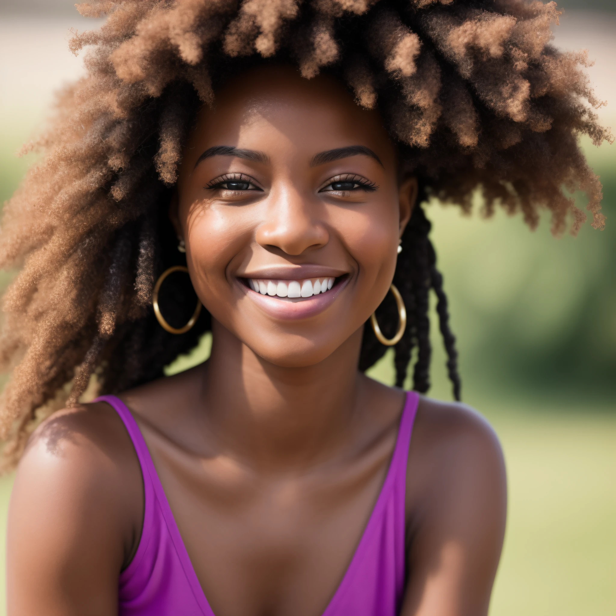 Capture a radiant and joyful image of a young black woman using the Nikon D850 camera and Nikkor 24-70mm f/2.8E ED VR lens. Focus on her vibrant smile and sparkling eyes to highlight her happiness and positivity. Experiment with natural light to enhance her skin tone and bring out its rich and beautiful hues. Pay attention to her body language, capturing her in a relaxed and confident pose. Consider using a shallow depth of field to create a soft and dreamy background, drawing attention to her captivating smile. By capturing a joyful moment of a young black woman, you have the opportunity to celebrate her beauty, spirit, and the radiant energy she brings to the world.