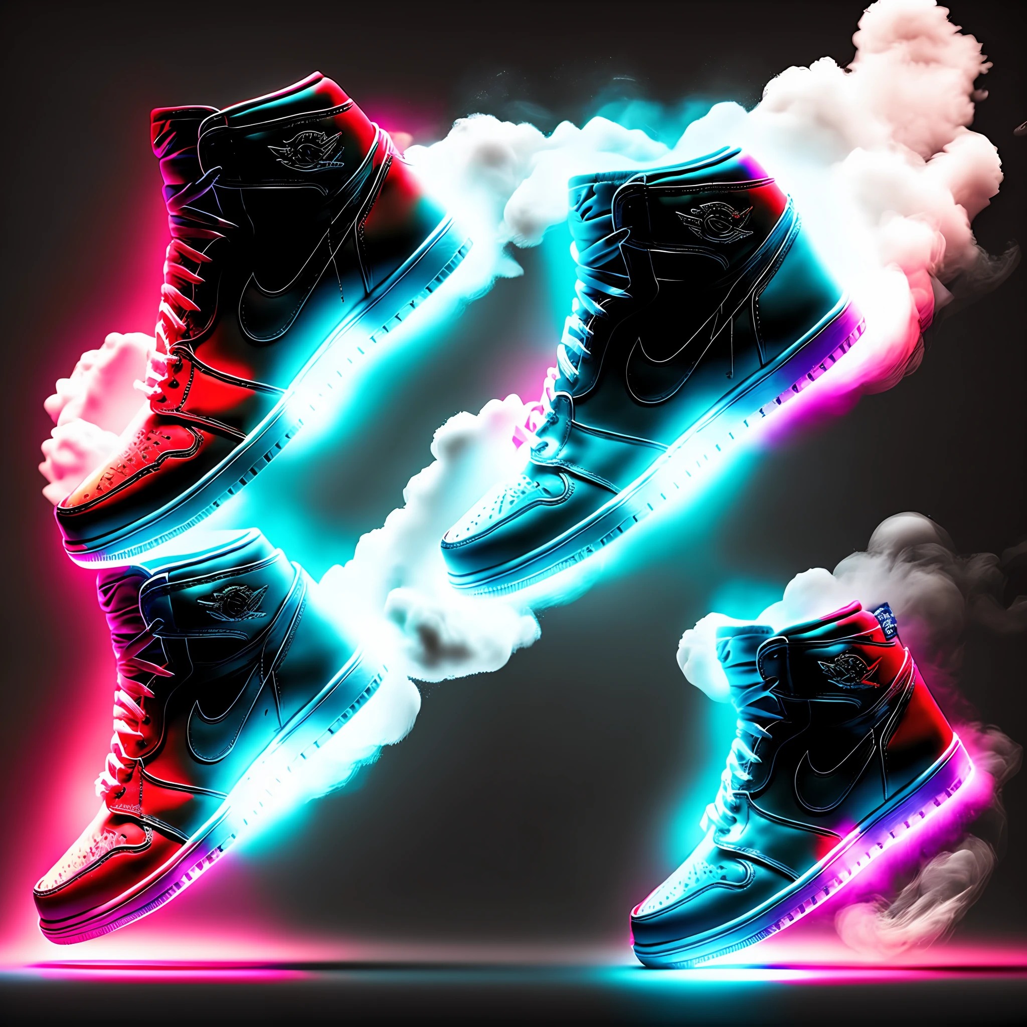 Sneakers Jordan 1 Chicago, lightning and smoke, ultra realistic, uhd, futuristic, phrase written in the center FAM SNEAKERS.