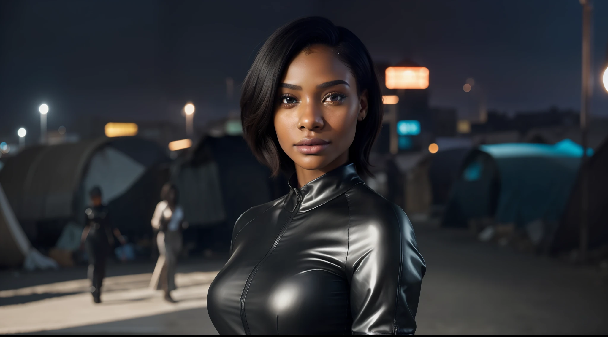 8k, ARTISTIC photography, best quality, masterpiece: 1.2), (realistic, photorealistic: 1.37), over-detailed, (high-detail skin: 1.2), 8k uhd, , professional lighting, photonic display, brightness, physically rendered photo (cyber punk Corpo Girl, Executive, Black woman on a street of shanty town ), beautiful face ((Halle Bailey)), ((half smile)), over-detailed face, (((big open eyes))), beautiful body, voluptuous, perky breast (( dressed in a Futuristic Corporate Dress )), (((over-detailed clothing))), (((the color of the clothes is Black))), (((futuristic minimalist outfits))), posing, in a shanty town street as background, (((pure 8K))), (((perfect anatomy))), extremely high-quality graphics, midday sunlight, (((cinematic lighting))), ((clear details)), complex, highly detailed background,