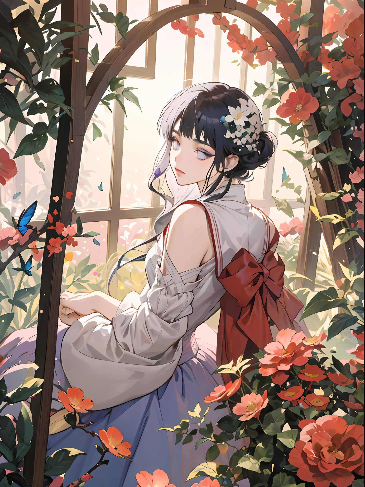 anime girl sitting in a garden with apples and flowers, guweiz, guweiz on pixiv artstation, guweiz on artstation pixiv, romanticism art style, artwork in the style of guweiz, dark blue haired princess, guweiz masterpiece, kawacy, beautiful anime portrait, purple eyes, blunt bangs, butterflies, long hair