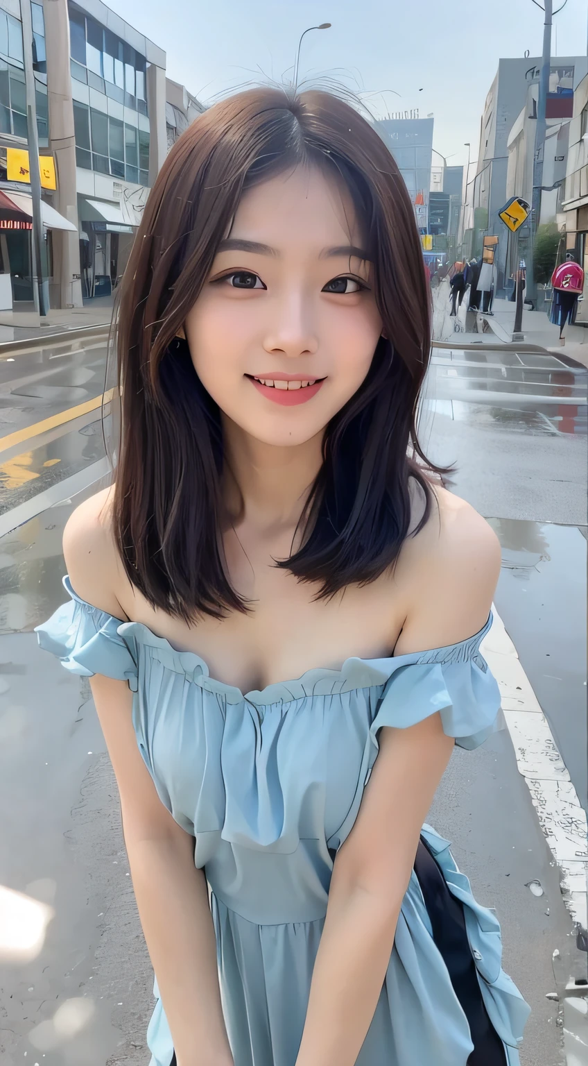 Asian woman in blue dress standing on street corner, Gorgeous young Korean woman, beautiful Korean women, Korean girl, Beautiful young Korean woman, young lovely Korean faces, jaeyeon nam, slight cute smile, wan adorable korean face, friendly seductive smile, young cute wan asian face, blue hairs, hot with shining sun, Young cute girl with blue hair