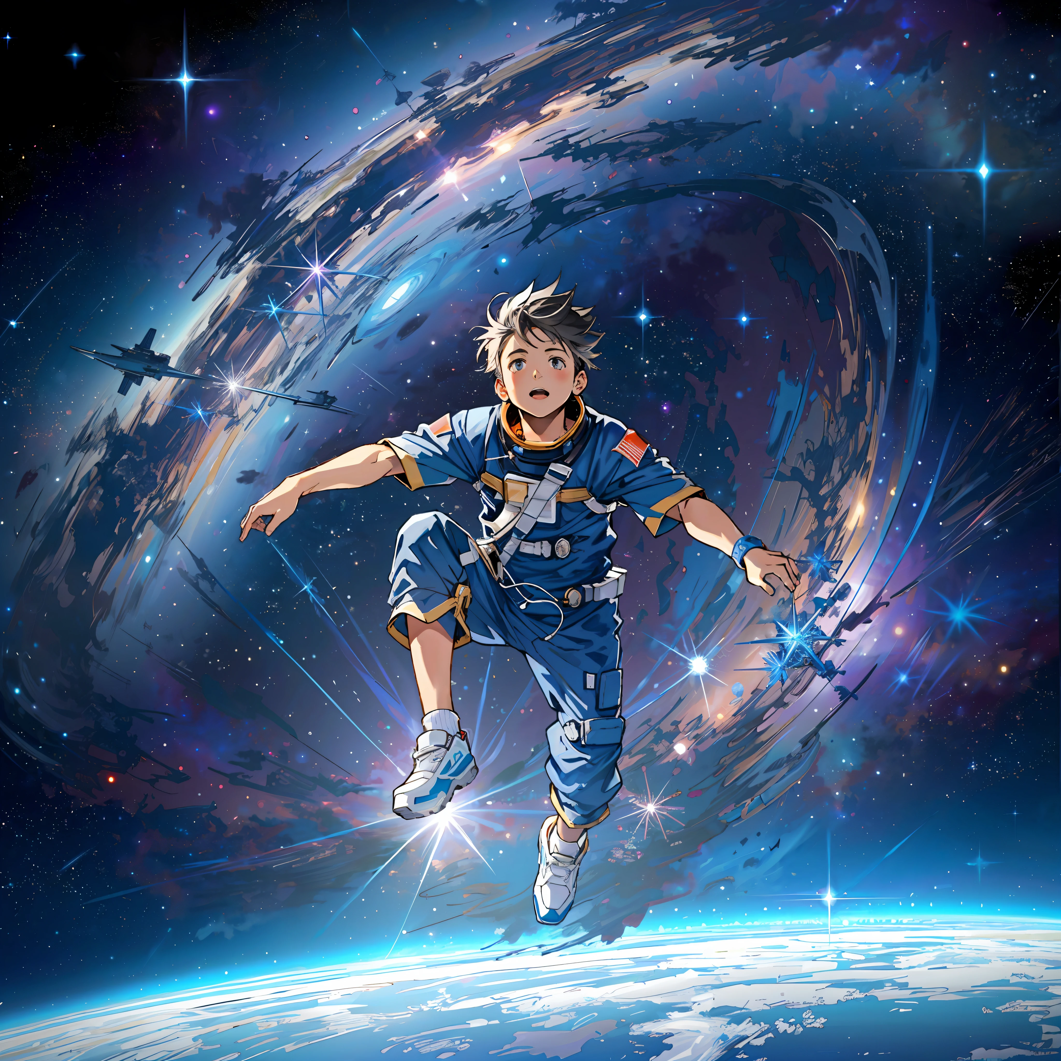 There is a frightened child who is flying through the air in a futuristic space suit, floating in the space, floating in outer space, de viagens espaciais, floating in the space, surreal space, floating in deep space, flying in space, floating through space, flutuando no universo, Flutuando na Nebulosa do Cosmos, Epic lost in space, in outer space, Fantasia De Alta Qualidade Foto Stock --auto