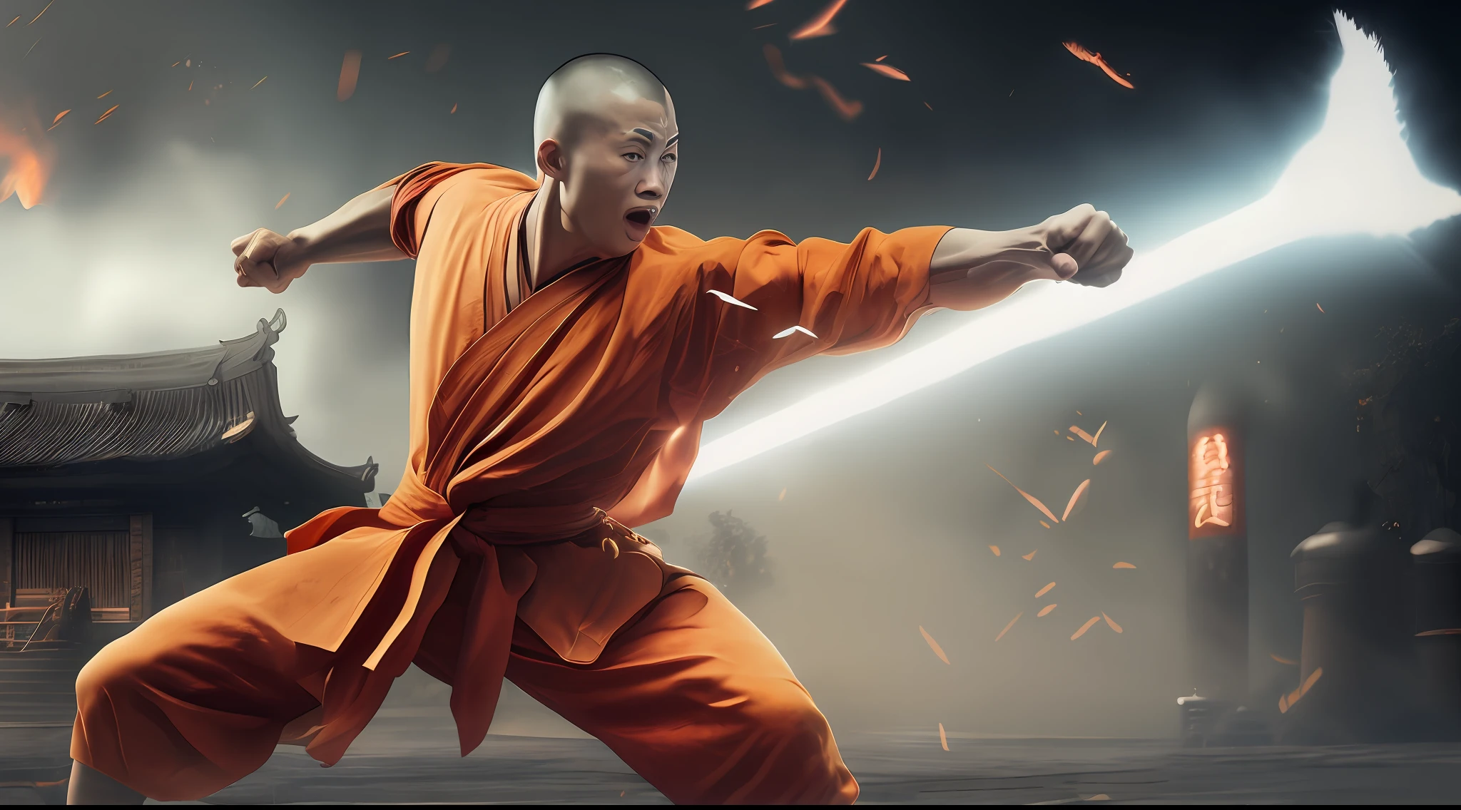 . Shaolin monk hyper - detailed, make a super power fist and destroys the world, cinematic 8k