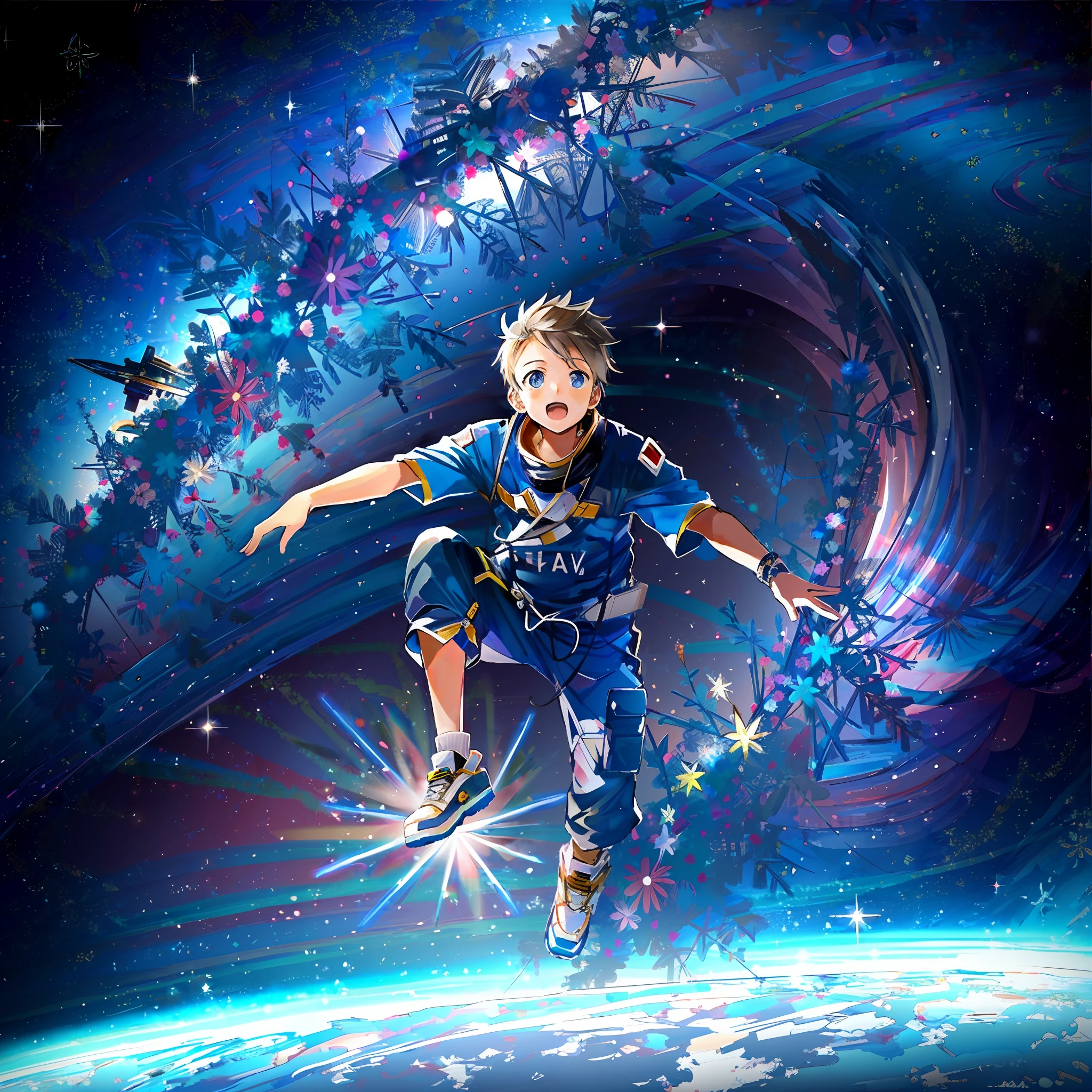 There is a frightened child who is flying through the air in a futuristic space suit, floating in the space, floating in outer space, de viagens espaciais, floating in the space, surreal space, floating in deep space, flying in space, floating through space, flutuando no universo, Flutuando na Nebulosa do Cosmos, Epic lost in space, in outer space, Fantasia De Alta Qualidade Foto Stock --auto