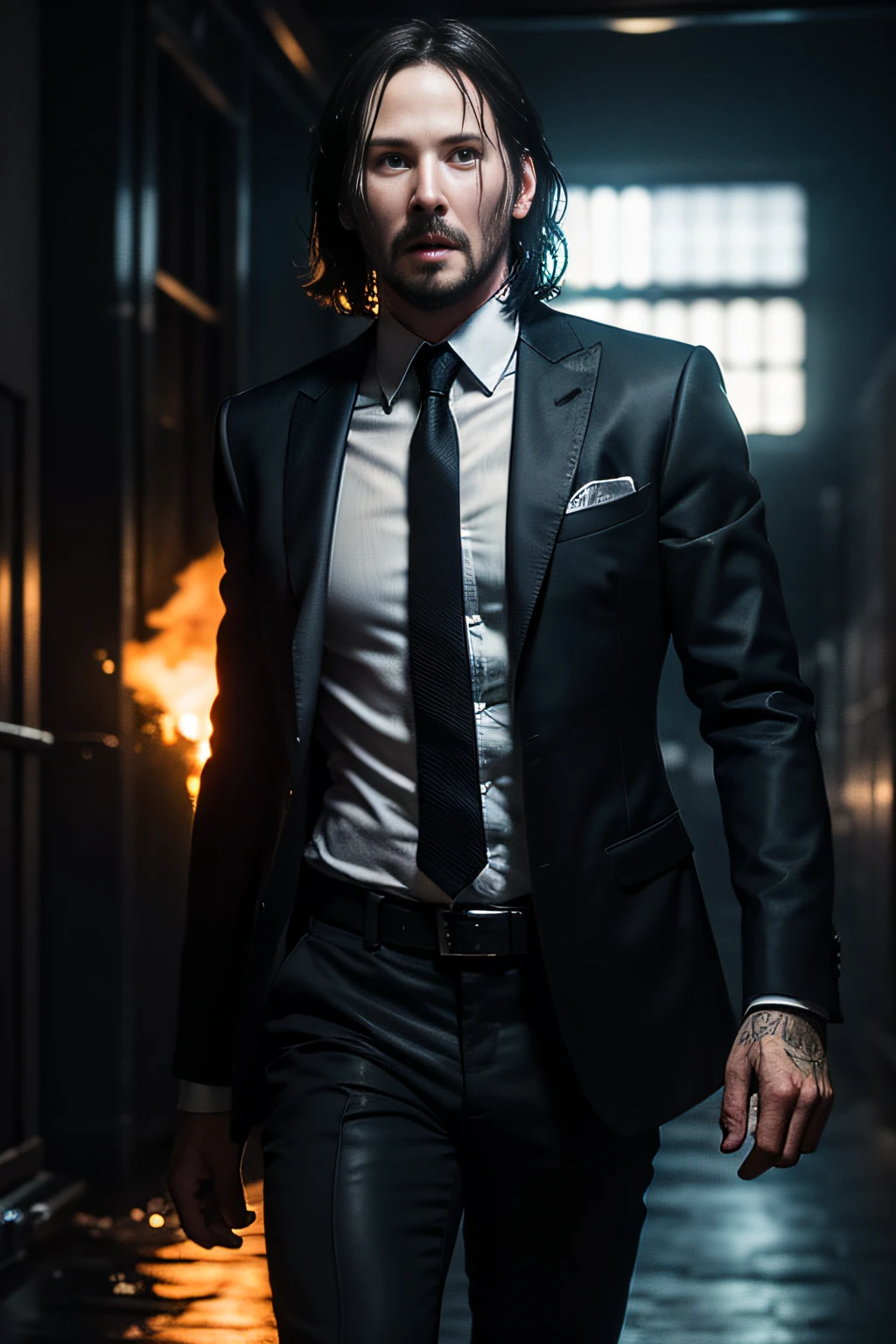 Masterpiece, Keanu Reeves, Extremely High Detail, (Best Quality: 1.2), Absurd, Photorealistic, Realistic, Hyper-detailed, Ray Tracing, High Resolution, Sharp Focus, 8K, Vibrant, Intricate, Sharpness and Clarity, Realistic, hyper_realism, 1man, 1girl, Gentleman,, Man lifting a in his arms, Getting out of the atmosphere of an explosion, A man with long hair on his shoulders, A woman barefoot, Holding hands, Huge explosion, The explosion of the entire structure of the building, the dirty face, the beard, the torn gentleman's suit, the dirty gray shirt, the black tie, the movie hero John Wick, the explosion, the wreckage, the night, the rain, the rain, the wet ground