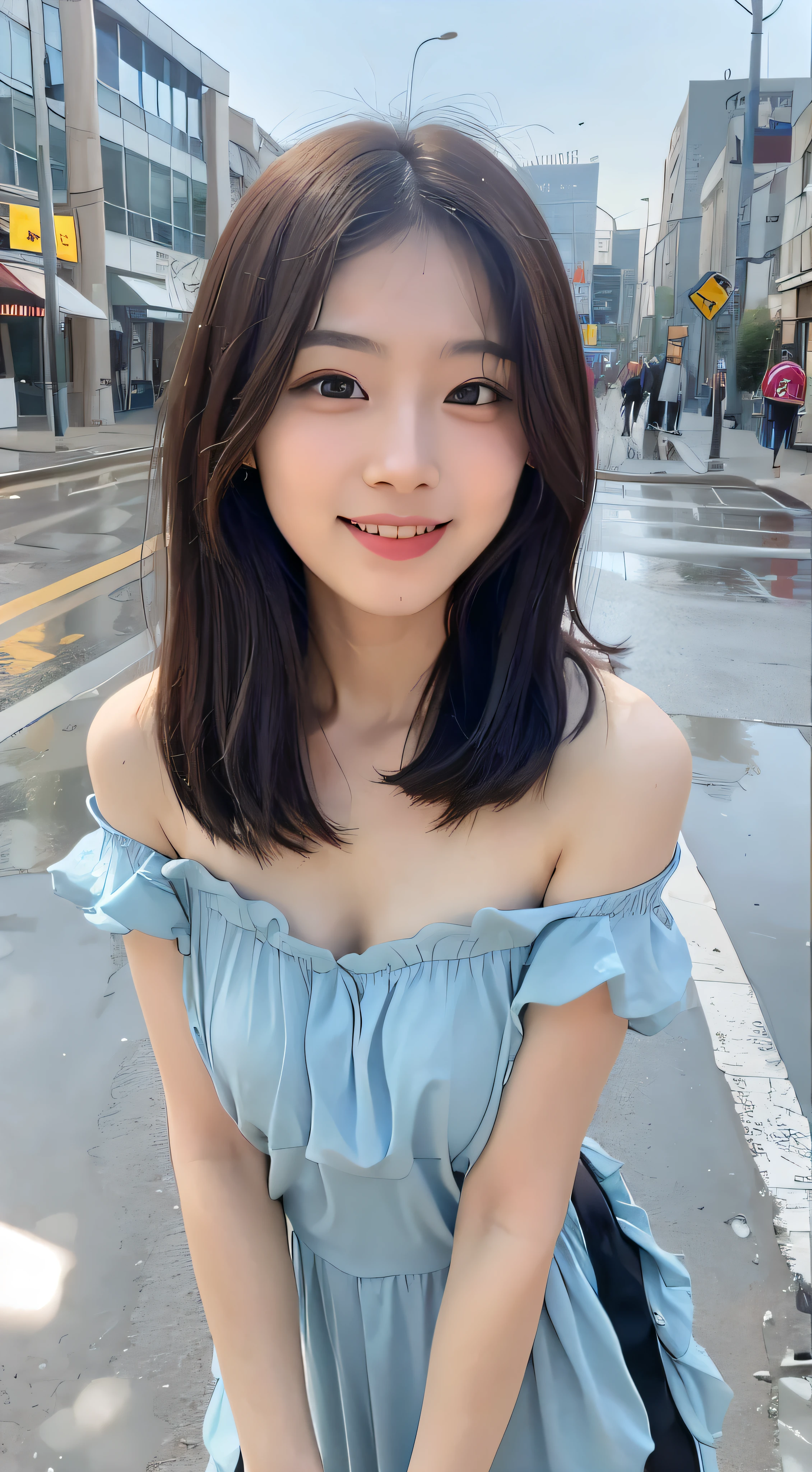 Asian woman in blue dress standing on street corner, Gorgeous young Korean woman, beautiful Korean women, Korean girl, Beautiful young Korean woman, young lovely Korean faces, jaeyeon nam, slight cute smile, wan adorable korean face, friendly seductive smile, young cute wan asian face, blue hairs, hot with shining sun, Young cute girl with blue hair