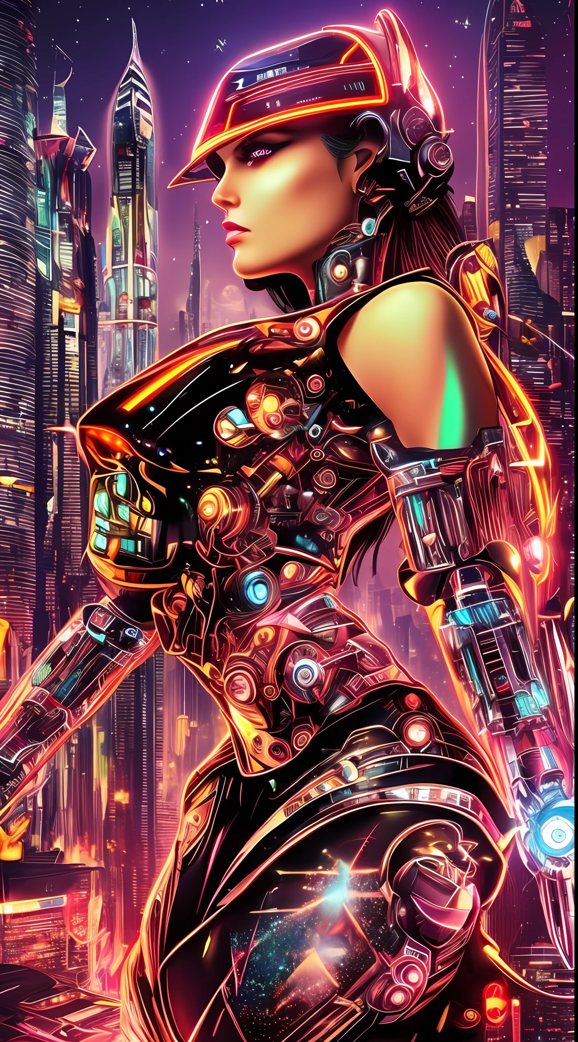 A cybernetic woman with electric eyes, burning metallic hair, iridescent skin with circuited patterns, nails sharp as claws, and a mysterious look. The neon light of the environment reflects on its metallic curves as it rises majestically over a futuristic landscape filled with glittering skyscrapers, bustling streets and flying vehicles. The city is illuminated by a starry sky and a full moon, which add a touch of cosmic charm. The cybernetic woman emanates an aura of power and mystery, evoking the sense of a technological and fascinating future. The image will be executed as a high-resolution photograph, capturing every detail of the cybernetic woman and the environment around her. The photographic style will emphasize neon lighting and metallic sheen, conveying a futuristic and technological atmosphere. The state-of-the-art camera will be used to capture the image, ensuring sharp detail and vibrant colors. --auto --s2