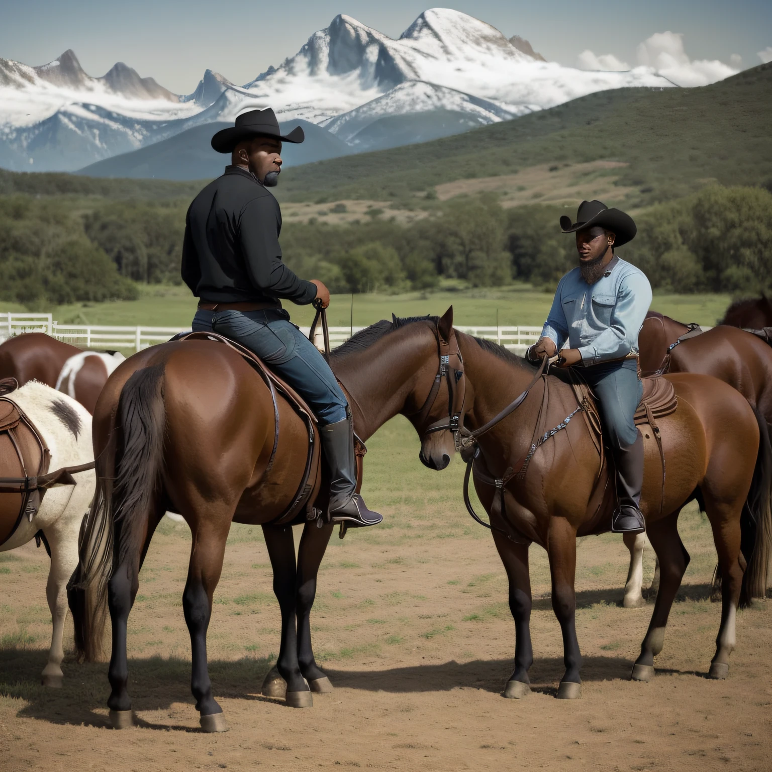 a black man, long dark hair, full beard, mysterious, fully clothed, mountains in the background, horseback, rancher, ranch animals in the background, another black man on horseback, rancher, realistic photo, farm animals grazing,