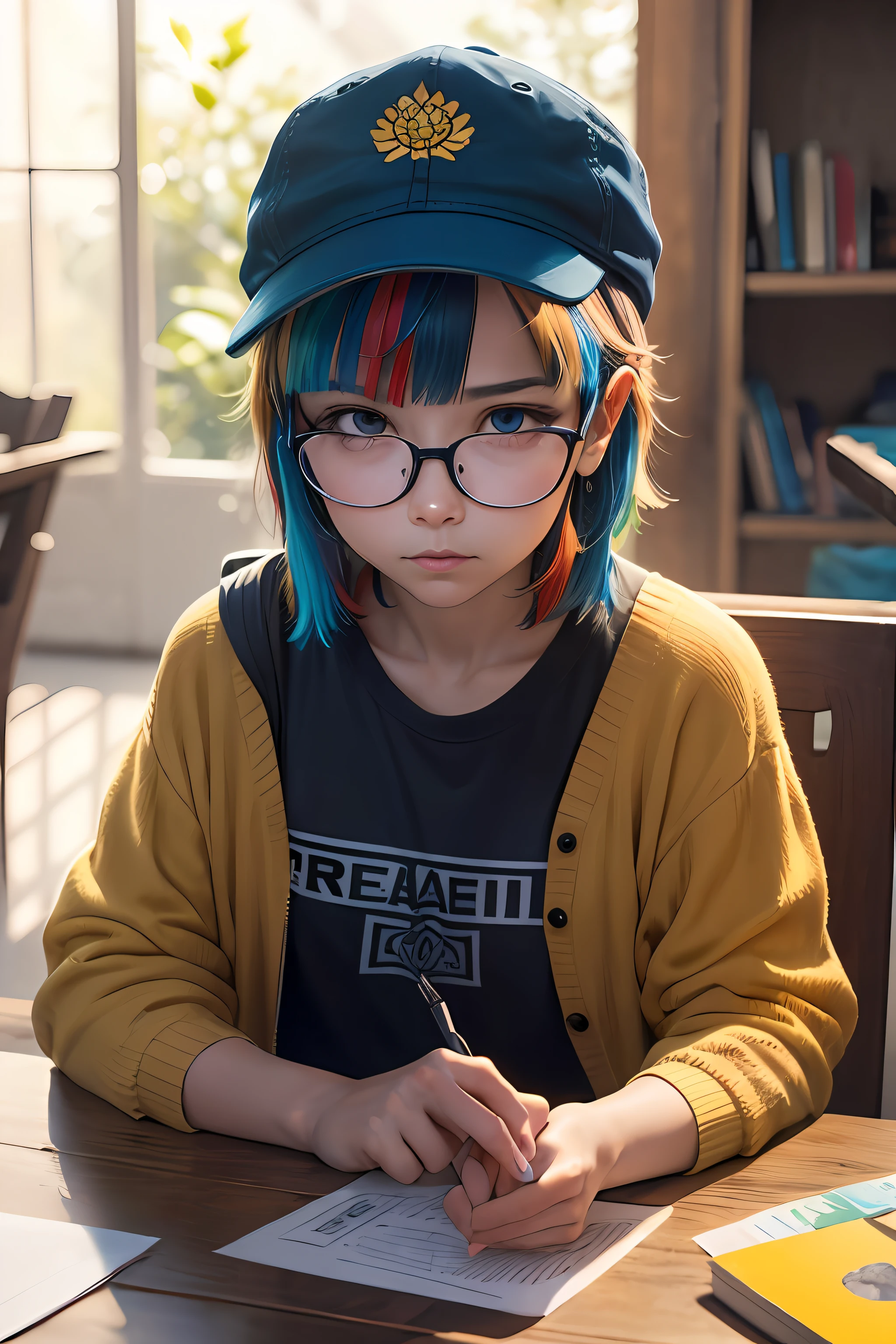 (foto escura: 1.4), 80mm, pair of large glasses, os olhos de verdes desta examinam o mundo ao seu redor, wears a cap on his head, protegendo suas madeixas cacheadas dos raios solares, while clicking your camera, (textura natural da pele, hiperrealismo, luz suave, sharper:1.2), (detalhes intrincados:1.12), hdr, (detalhes intrincados, hiperdetalhados:1.15), luz suave, sharper, exposure blending, medium shot, bokeh, (hdr:1.4), alto contraste, (cinemactic, azul-marinho e laranja:0.85), (cores suaves, cores fracas, tons suaves:1.3), low saturation, (hiperdetalhado:1.2), (noir:0.4)
