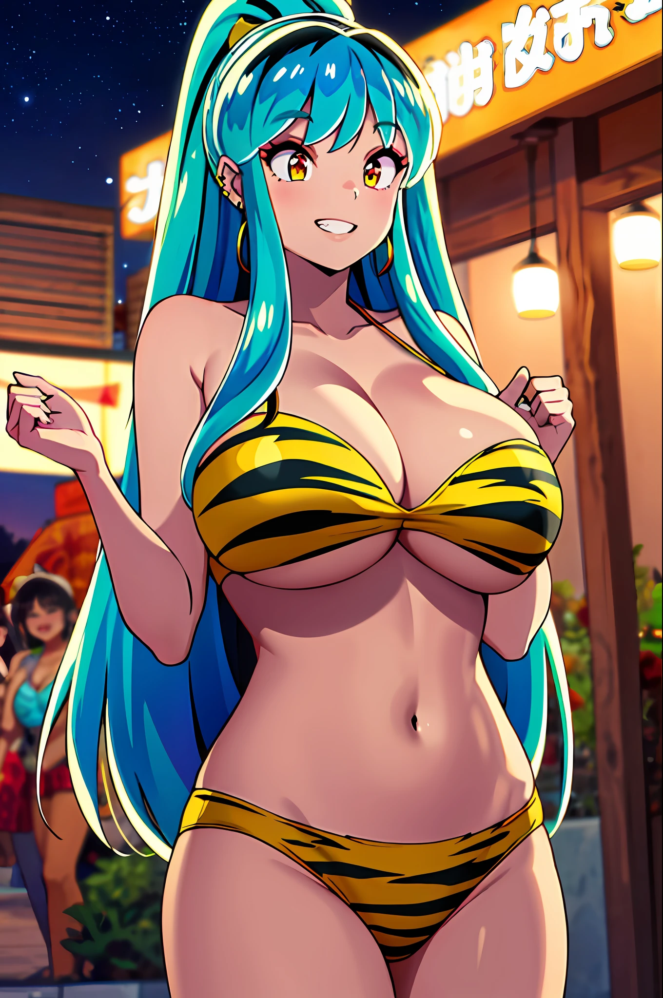 masterpiece, best quality, highres, lum, 1girl, long hair, jewelry, earrings, piercing, gigantic breasts, bikini, ponytail, summer festival, night, grin, cowboy shot, floral print,