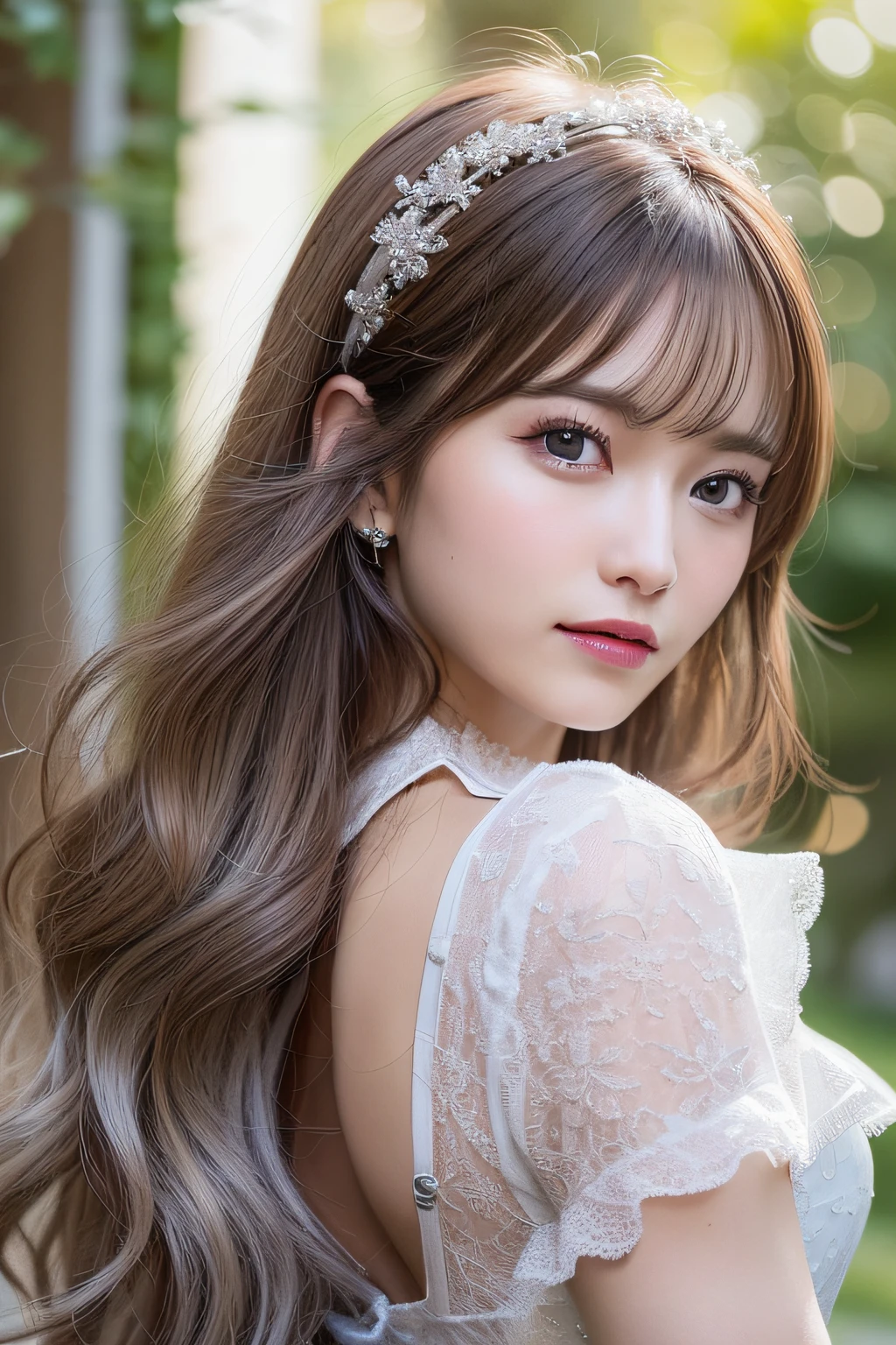 ((Best Quality:1.2, 8k, photo realistic:1.4, Masterpiece, back Lighting, caustics, Ultimate pretty Girl, Highly Detailed beautiful Textures, detailed beauty makeup:1.2, realistic skin, detailed eyes, detailed bangs)), medium breast, (canal background), ((white Fairy costume )), (hair ornament), (naughty smile), (detailed brilliant brown and silver two-tone wavy medium hair), ((round face)), (head tilt), looking back , (wind)
