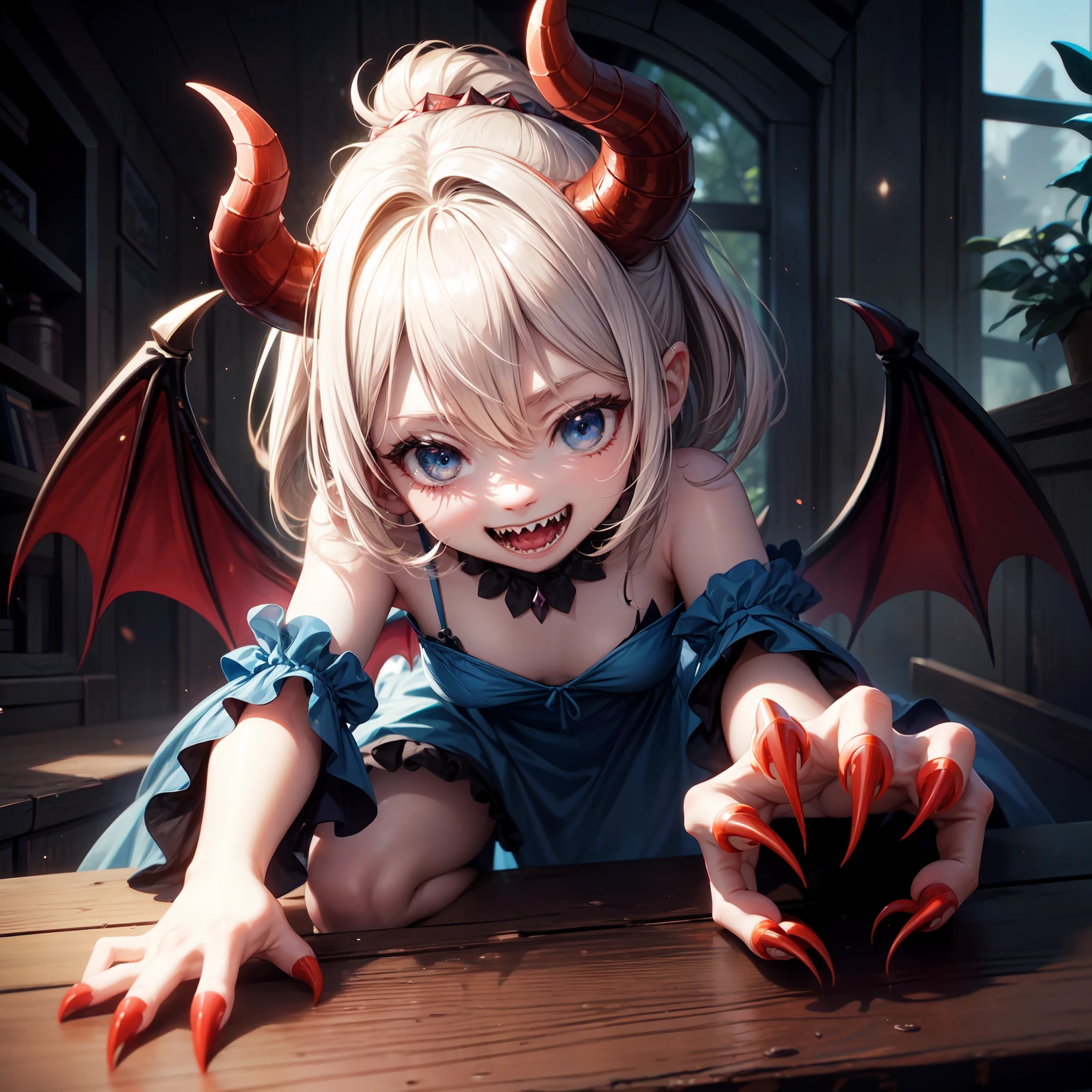 Splash art, cute demon girl, demon wings, sharp teeth, cute blue summer dress, showing claw hand, with small red claws on fingers, ((perfect hands)), looking to viewer, on wooden table, stunning beauty, [[chibi]], close-up, muted colors, deep shadows, epic, trending on Pixiv, 4k