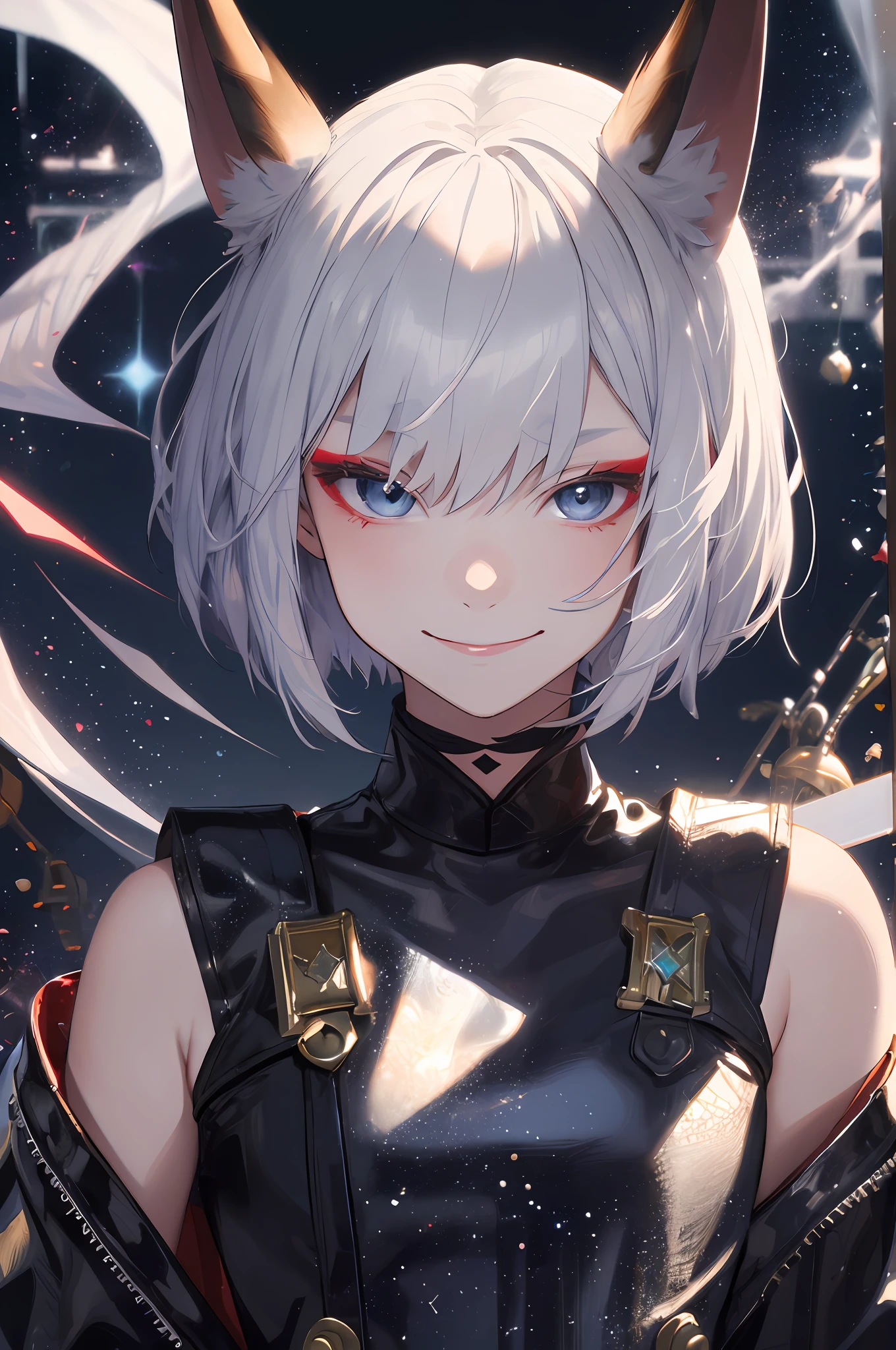 A cute girl (laser transparent pvc texture clothing:1.2),evil smile, closed mouth, (one closed eye:0.9), smug, black background,portrait,particles in the air, oil painting ,glow, scared left eye, short white hair