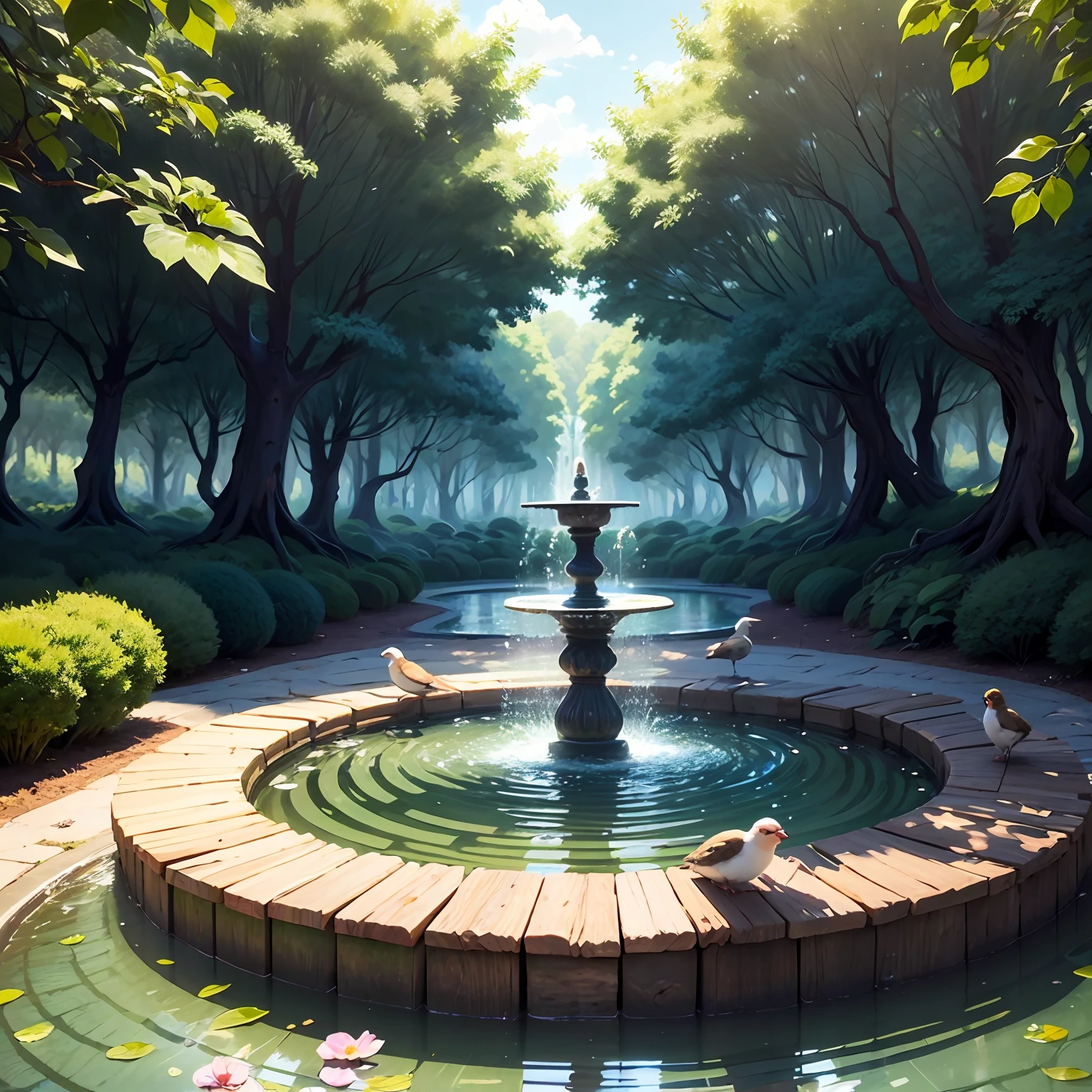 The image depicts a magical garden with fruit trees, exotic plants and a crystal clear water fountain in the center. No fundo, It is possible to see a dense and colorful forest with birds and butterflies flying. The sun shines in the blue sky and the weather is pleasant.
In the central area of the garden, There is a large source of crystal clear water with various aquatic plants and shiny stones at its bottom. Ao redor da fonte, Happy people practice yoga and meditation in different positions, com roupas leves e cores vibrantes. Algumas pessoas sentam em almofadas coloridas, others stand, de olhos fechados, with hands in a praying position.
Beyond the people, exotic animals like monkeys, aves e cervos, observam a cena pacificamente. Ao redor do jardim, various fruit trees such as apples, peras, mangoes and bananas are grown, as well as exotic plants with large, colorful flowers.
No canto inferior direito da imagem, A spiritual symbol is depicted as a mandala of bright light, em um tom dourado. A imagem transmite paz, Harmony and balance, symbolizing the connection between humans and nature. --auto