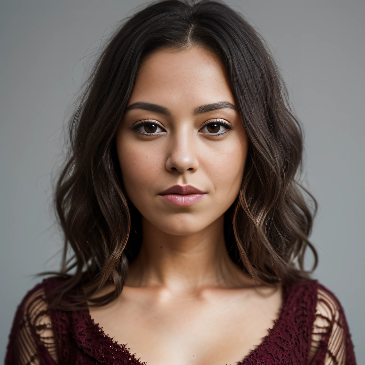 (masterpiece, best quality, beautiful RAW portrait photography:1.4), 25yo brown-haired woman, (looking into camera, straight face view:1.4), (closed mouth, closed lips:1.9), stunning beautiful face, insanely pretty, (natural detailed skin:1.1), (long wavy hair:1.4), [:(detailed face:1.2):0.2], collarbone, (dark red clothing:1.5), bare shoulders, slender, small breasts, (gray infinity background:1.3), (flat background:1.5), (sharp focus:1.6), (deep depth of field:1.4), soft lighting, 85mm f8, highly detailed, hyper realistic, natural, 8k